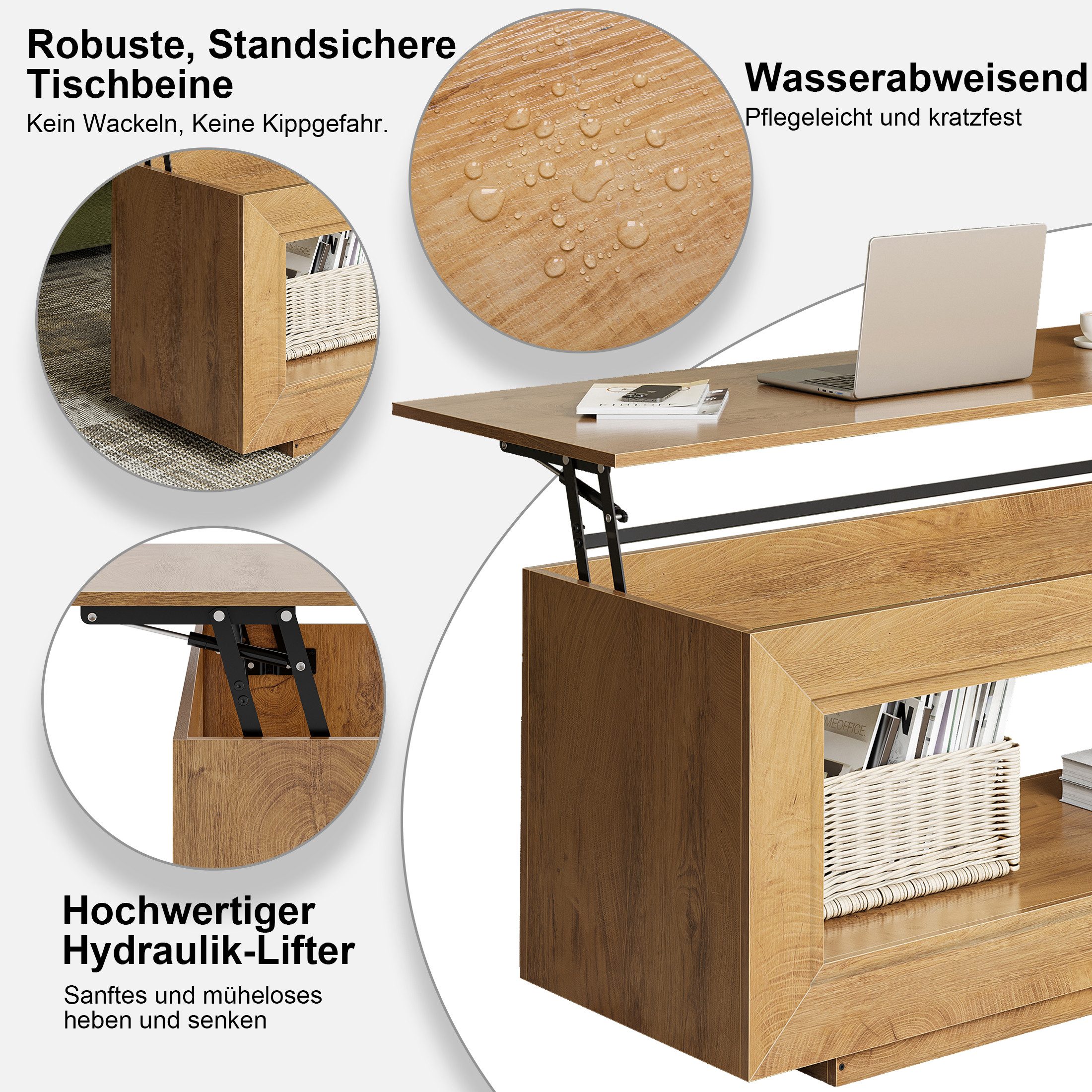 FABATO Couchtisch Multifunktionaler hebbarer Couchtisch mit Stauraum (1-St), aus Naturholz– ideal als Wohnzimmer-Mitteltisch