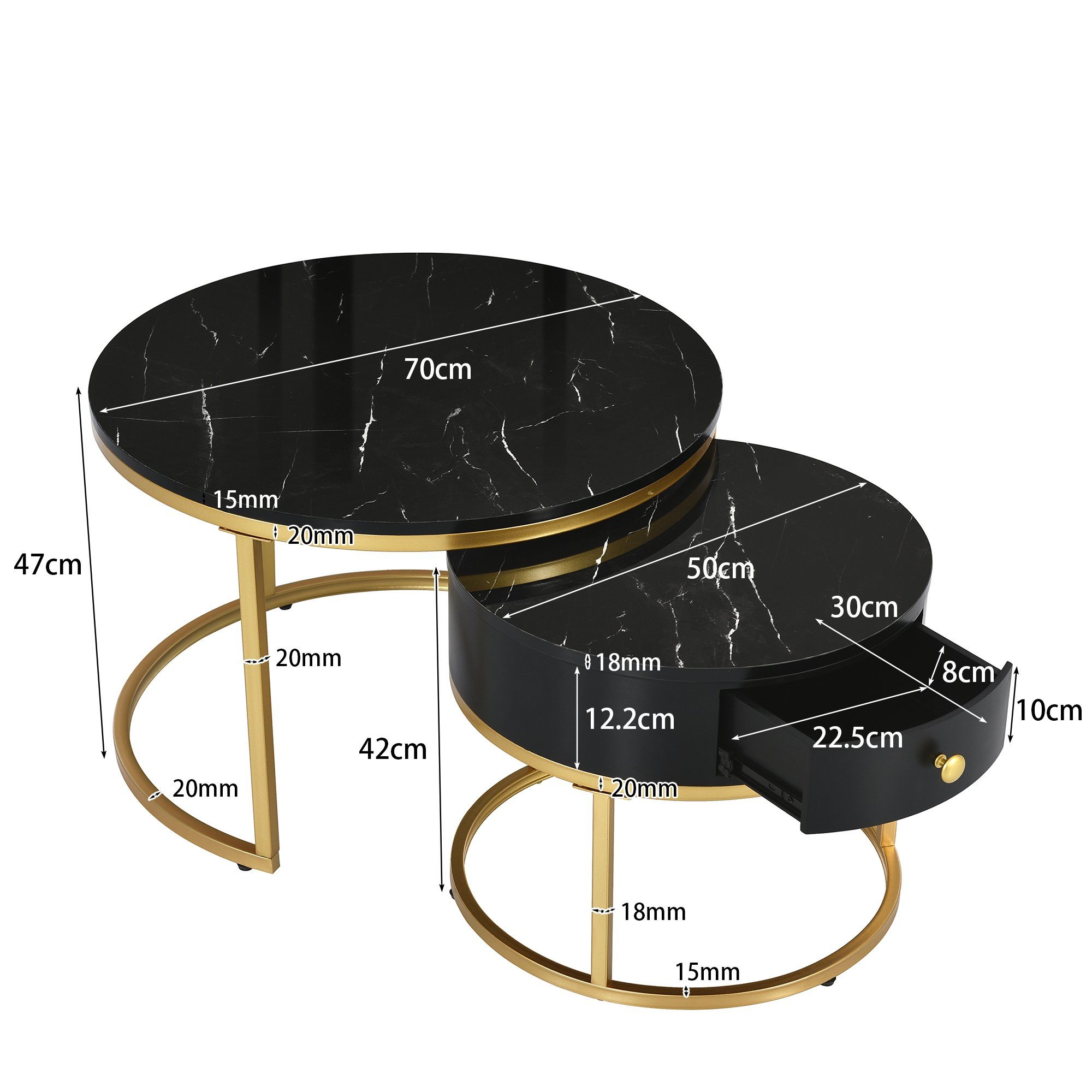 SOFTWEARY rund Couchtisch Schubladen, Beistelltisch, Marmoroptik Sofatisch mit Tischplatte (2-St), schwarz Kaffeetisch, Metallgestell, in