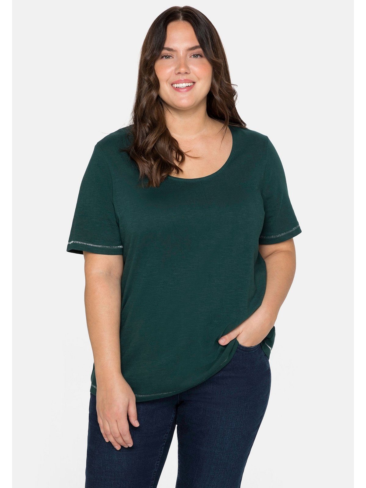 Sheego T-Shirt Große der Schulter Print mit auf hinten tiefgrün Größen