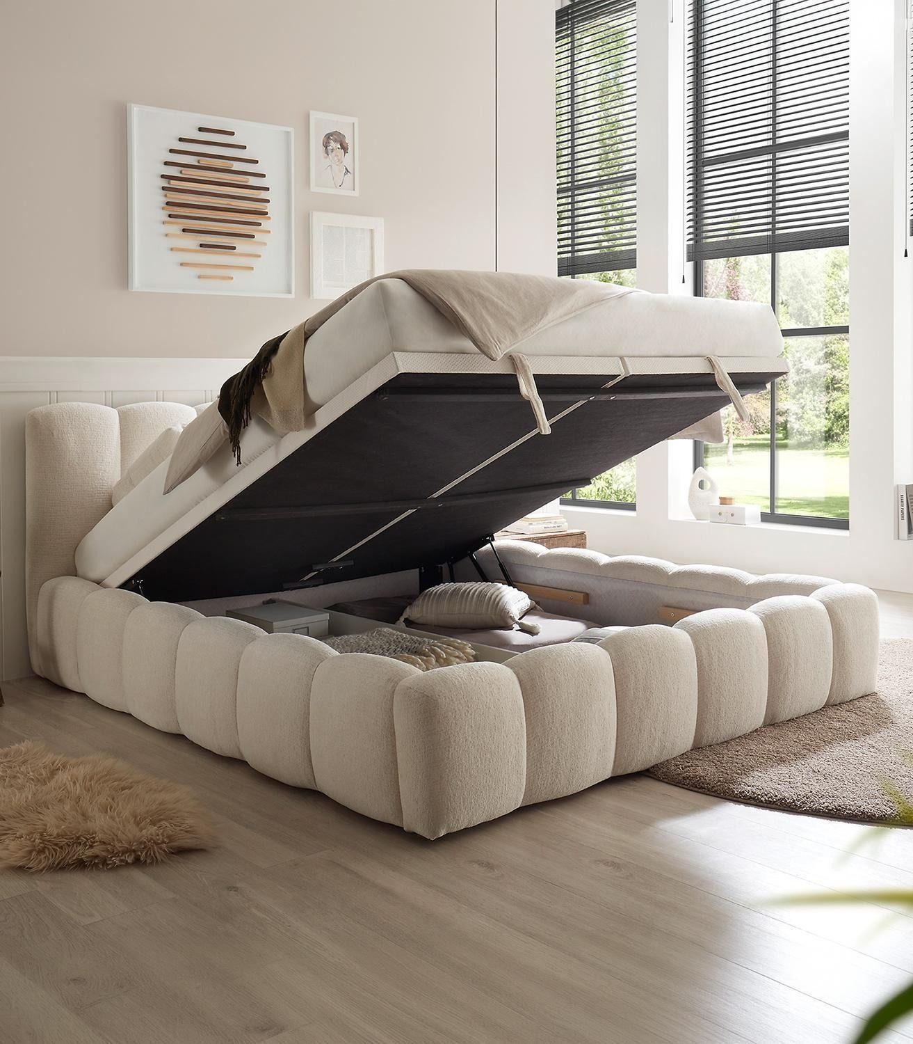 Bettgestell AVESTA, 180 x 200 cm, Beige, Webstoff, Bettkasten, Polsterkopfteil, B 207 x H 96 x T 221 cm