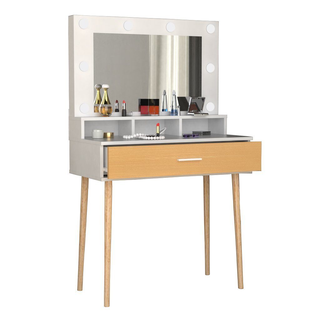 VCM Schminktisch Lindas B. 80 x T. 40 x H. 133 cm, Frisiertisch, Schminkkommode, 3 Fächer, 1 Schublade
