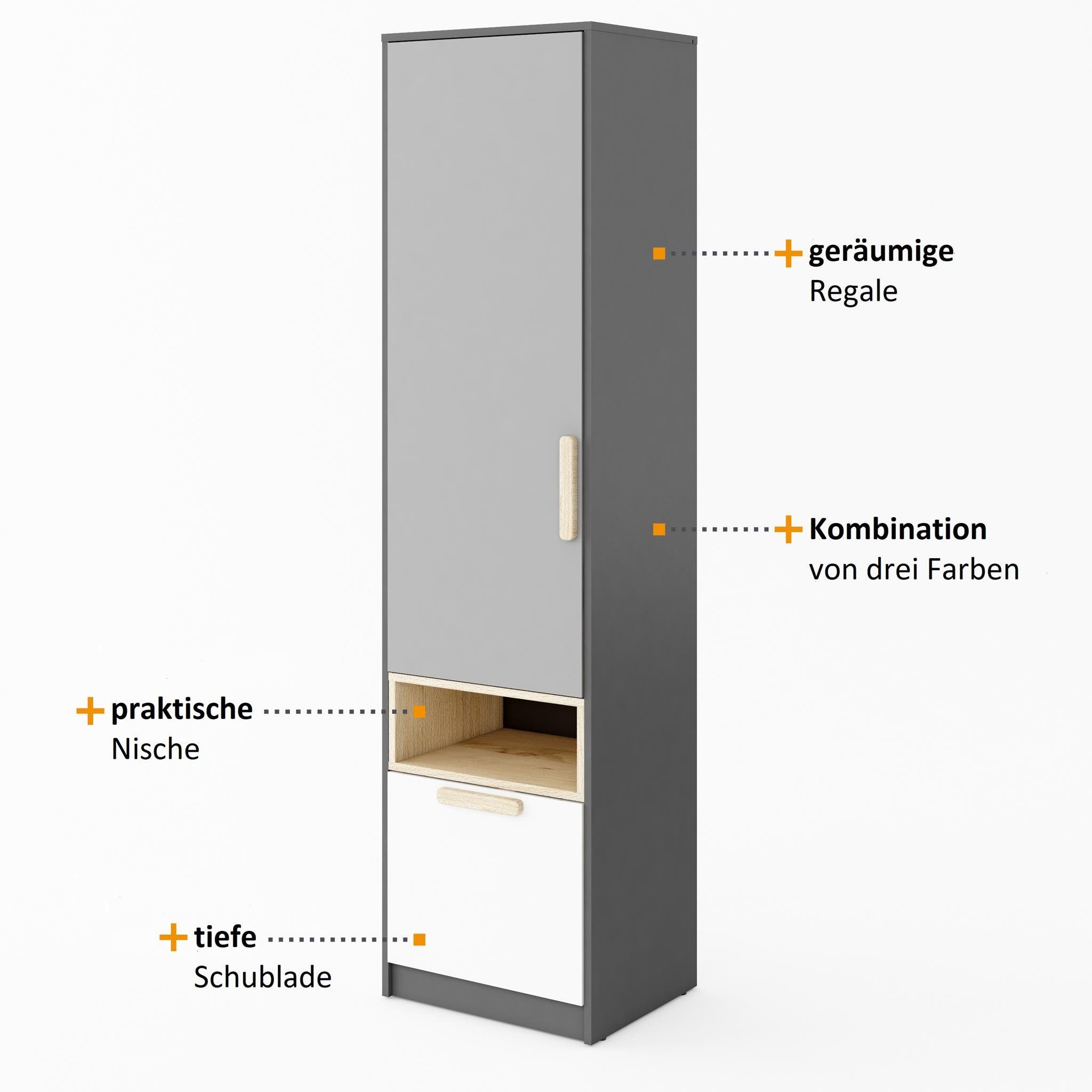 Beautysofa Hochschrank Pok (praktische Schrank für Jugendzimmer) Bücherregal mit Schublade, 50x193x40 cm (BxHxL) Hochschrank