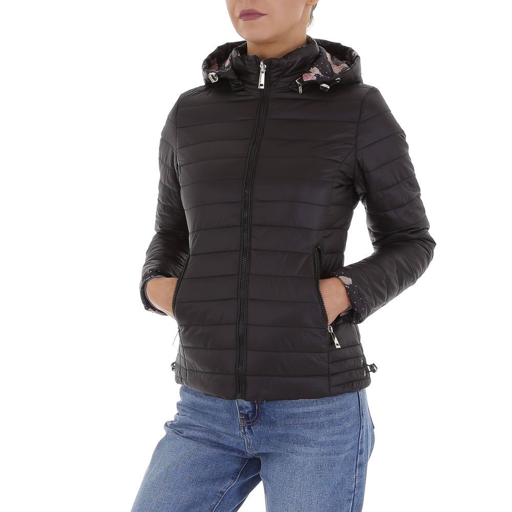 Tragbar Geblümt Steppjacke Schwarz in Freizeit Beidseitig Übergangsjack Kapuze Damen Ital-Design (abnehmbar)