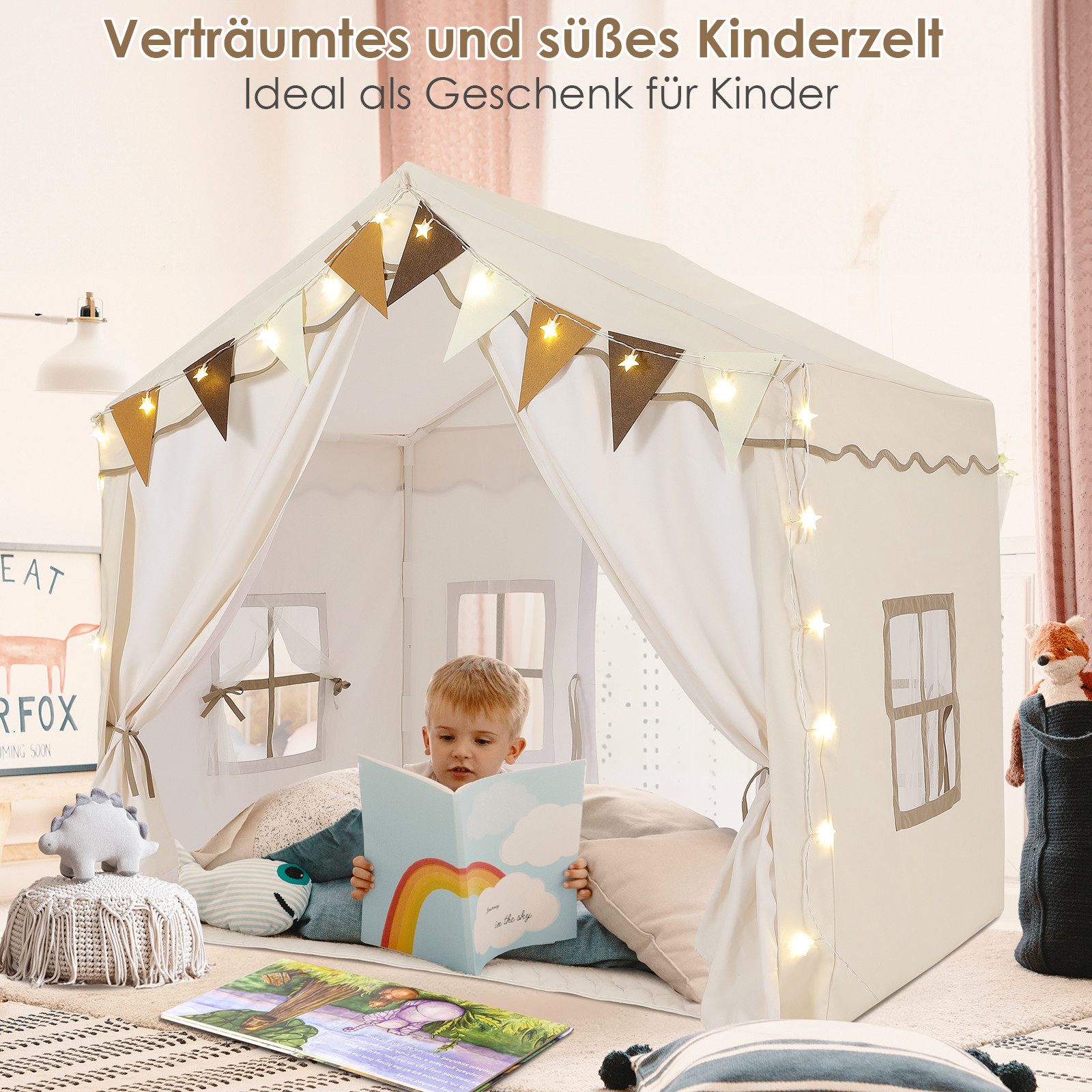 TLGREEN Spielzelt Kinderzelt für Drinnen,Kinder Spielhaus mit Matte & Lichtern Zelt Kinderzimmer, 136x95x133 cm