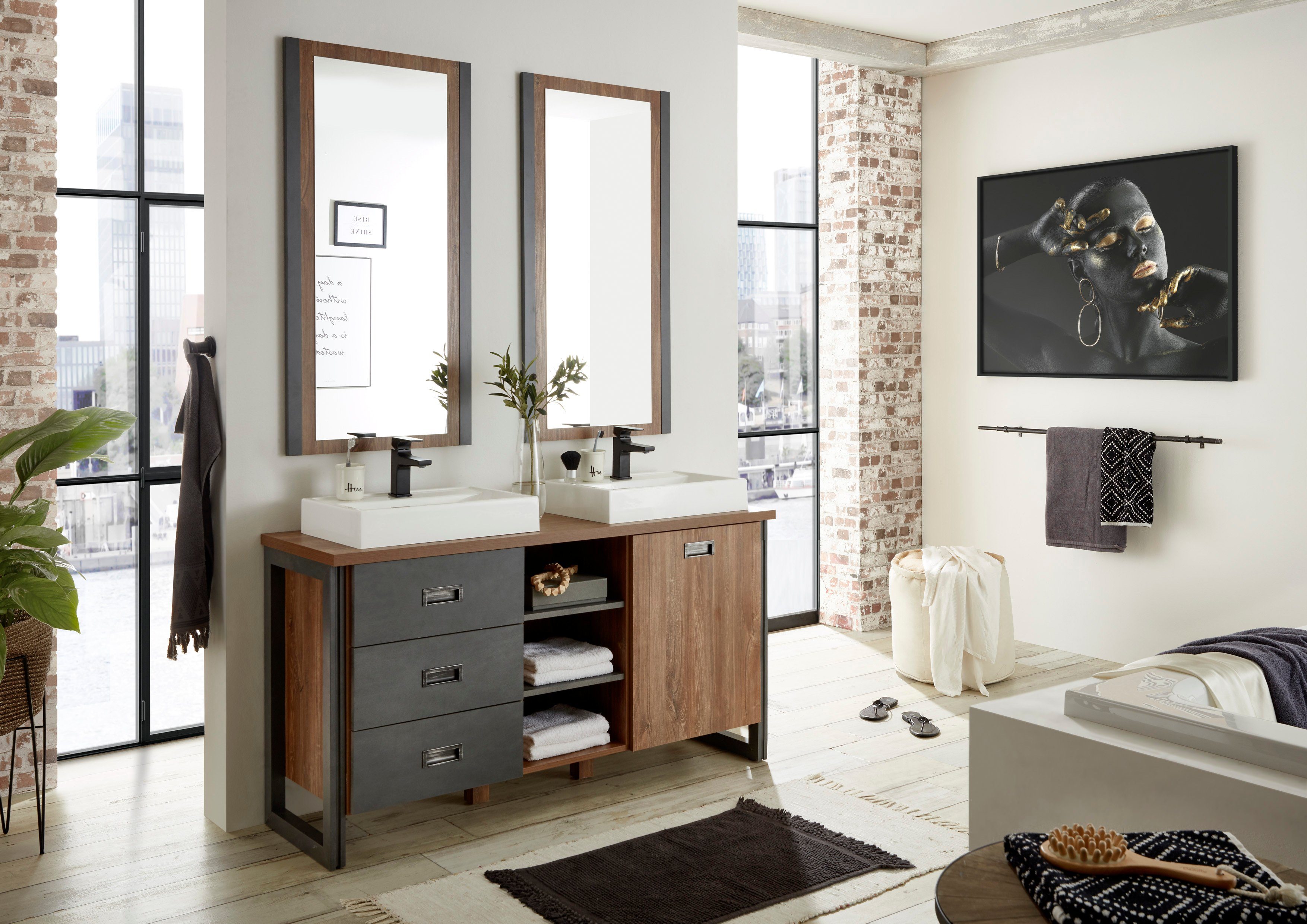 Home affaire Badmöbel-Set Detroit, Bad im Industrialdesign, 2-teiliges Badezimmer, (Set, 3-St), Waschtisch und Spiegel, inkl. zwei Aufsatzwaschbecken aus Mineralguss