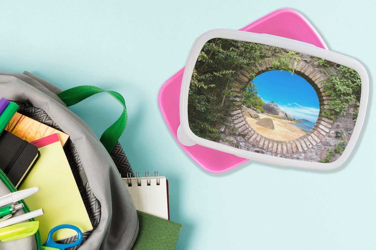 Mädchen, Kunststoff, Brotdose Erwachsene, - MuchoWow rosa - für - Strand Lunchbox (2-tlg), Tropisch, Snackbox, Aussicht Sommer Kinder, Brotbox Kunststoff
