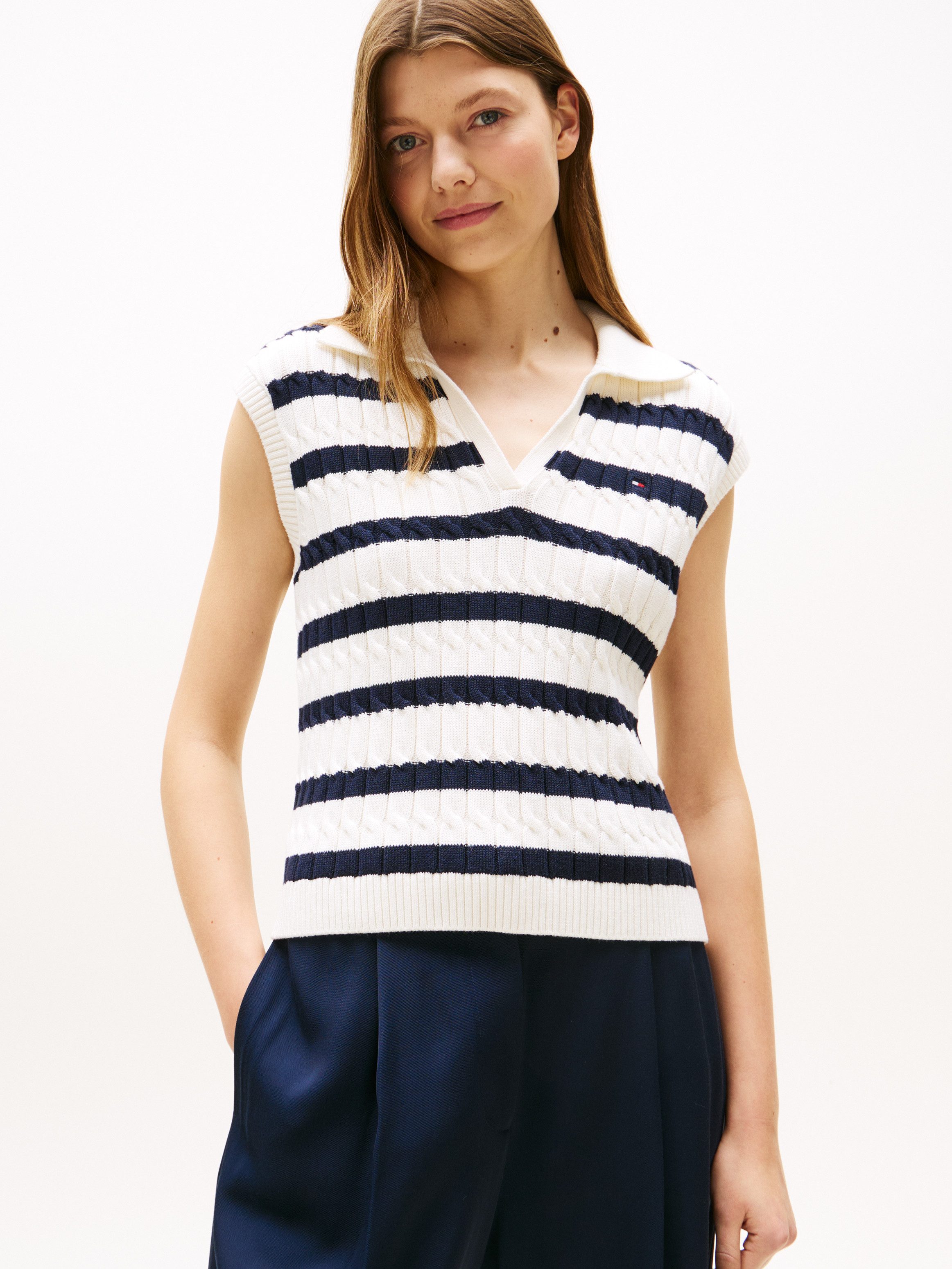 Tommy Hilfiger Pullunder CO CABLE MID GG OPEN POLO VEST mit Zopfmuster günstig online kaufen