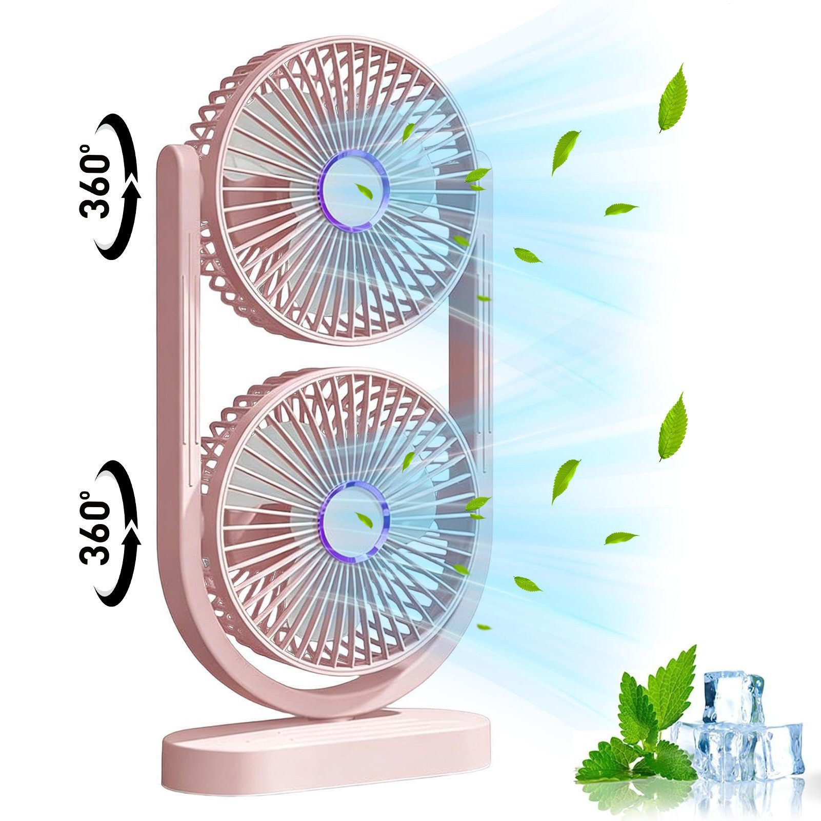 MOPUEA Standventilator 360° Drehbar Doppelkopf Luftzirkulationsventilator USB Tischventilator, Mini Standventilator Luftzirkulation Leise USB Aufladbar