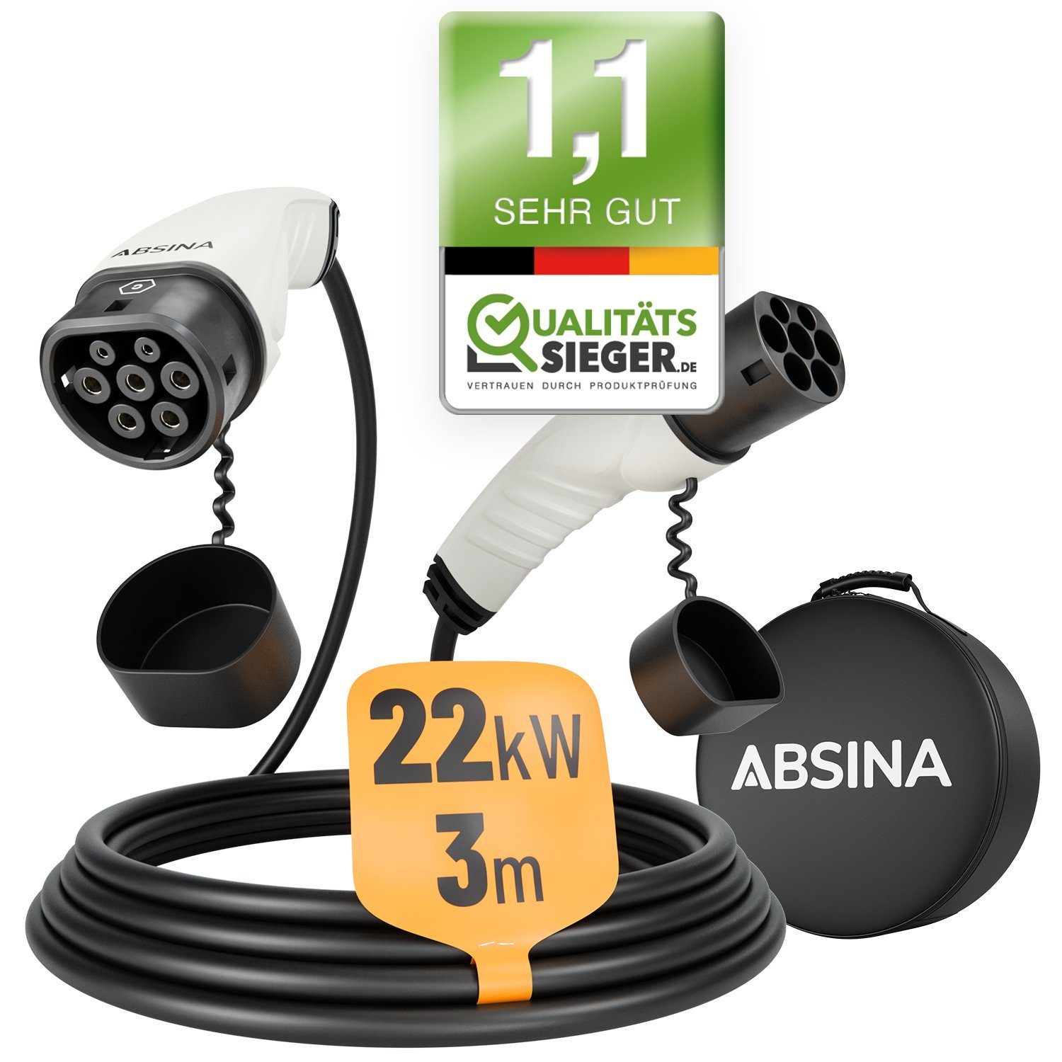 ABSINA Typ 2 Ladekabel 22kW & 32A für Elektroauto - 3 Meter Typ 2 Ladekabel Elektroauto-Ladegerät (1-tlg)