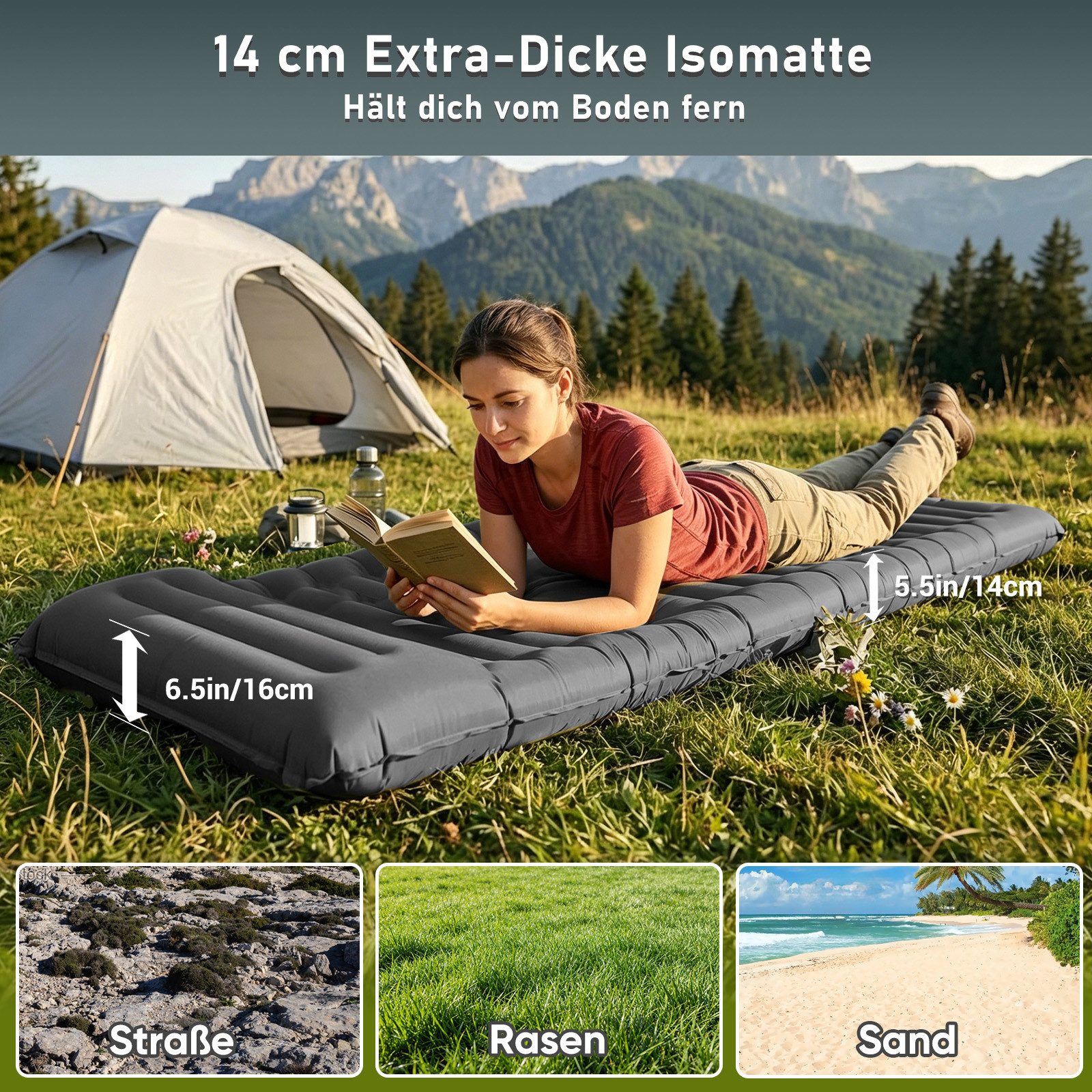 Elegear Isomatte isomatte selbstaufblasend 12/14cm Campingmatte Outdoor, 195×65/138CM, (1-tlg), mit Fußpumpe, leicht zu tragen, camping zubehör, für Wandern, Zelt