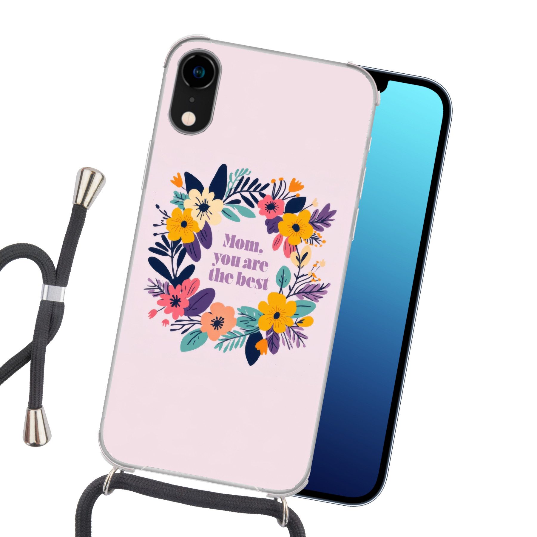 MuchoWow Handyhülle für Apple iPhone XR Blumenkranz - Bunt - Mutter, Tragbare Handyhüllen mit Kette zum umhängen, Handykette Handyband
