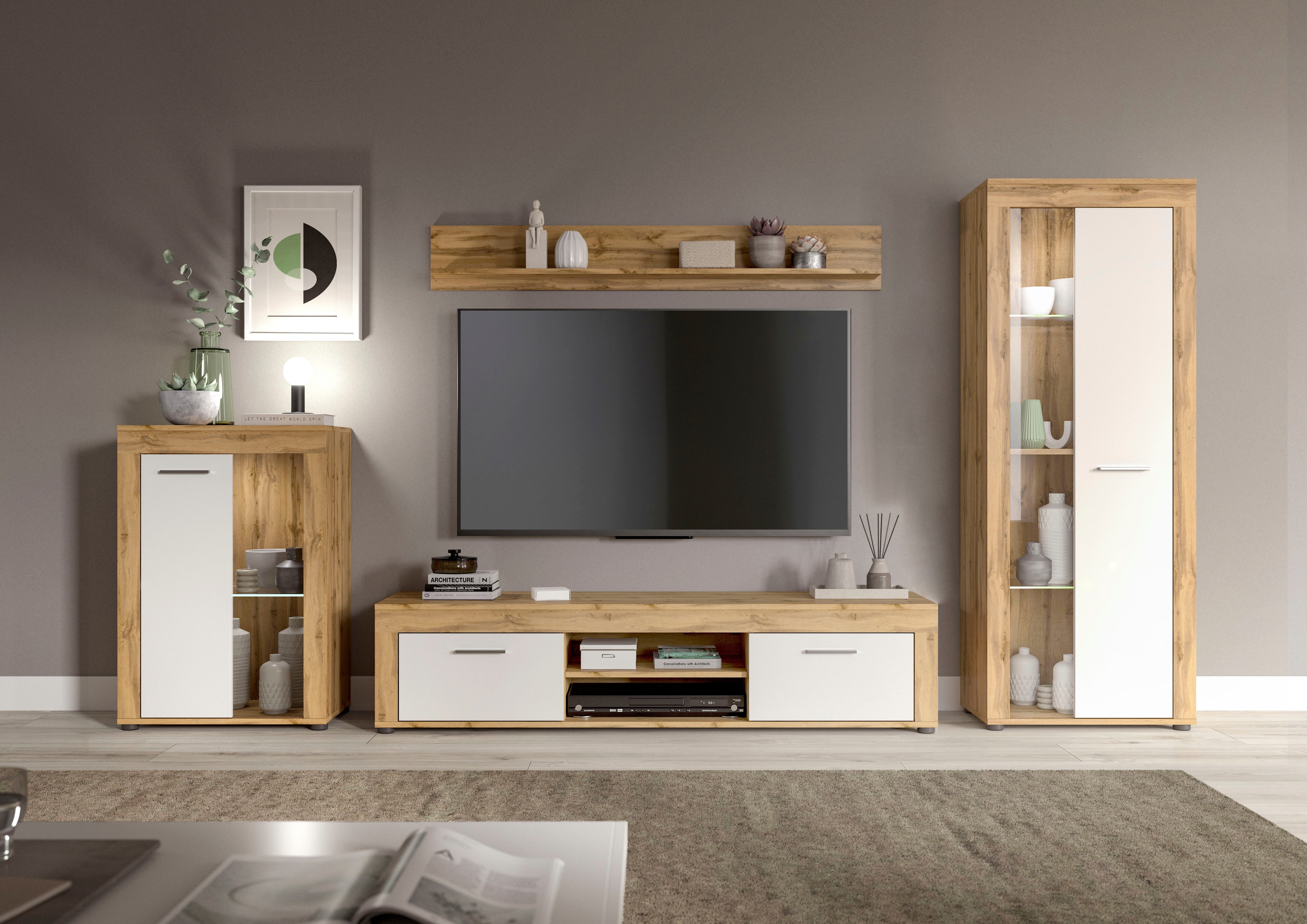 Wohnwand Aosta, 4-tlg., best. aus: Vitrine, Lowboard, Wandboard & Vitrine hoch