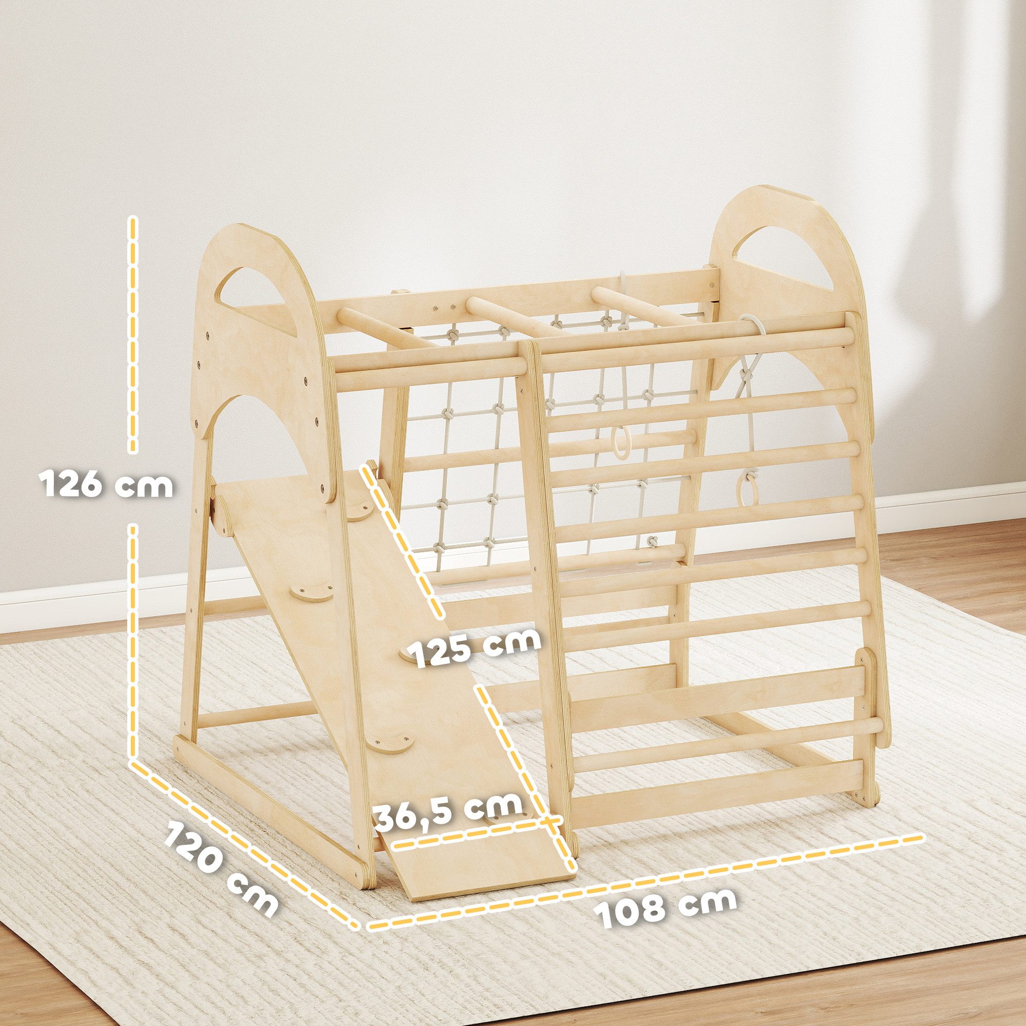 AIYAPLAY Klettergerüst mit Rutsche, Kletterstangen, Turnringen, Leiter, Kletternetz, (6-in-1 Montessori Indoor Spielplatz, 1-St., Holz Kletterturm), für Kinder von 3-6 Jahre, Naturholz
