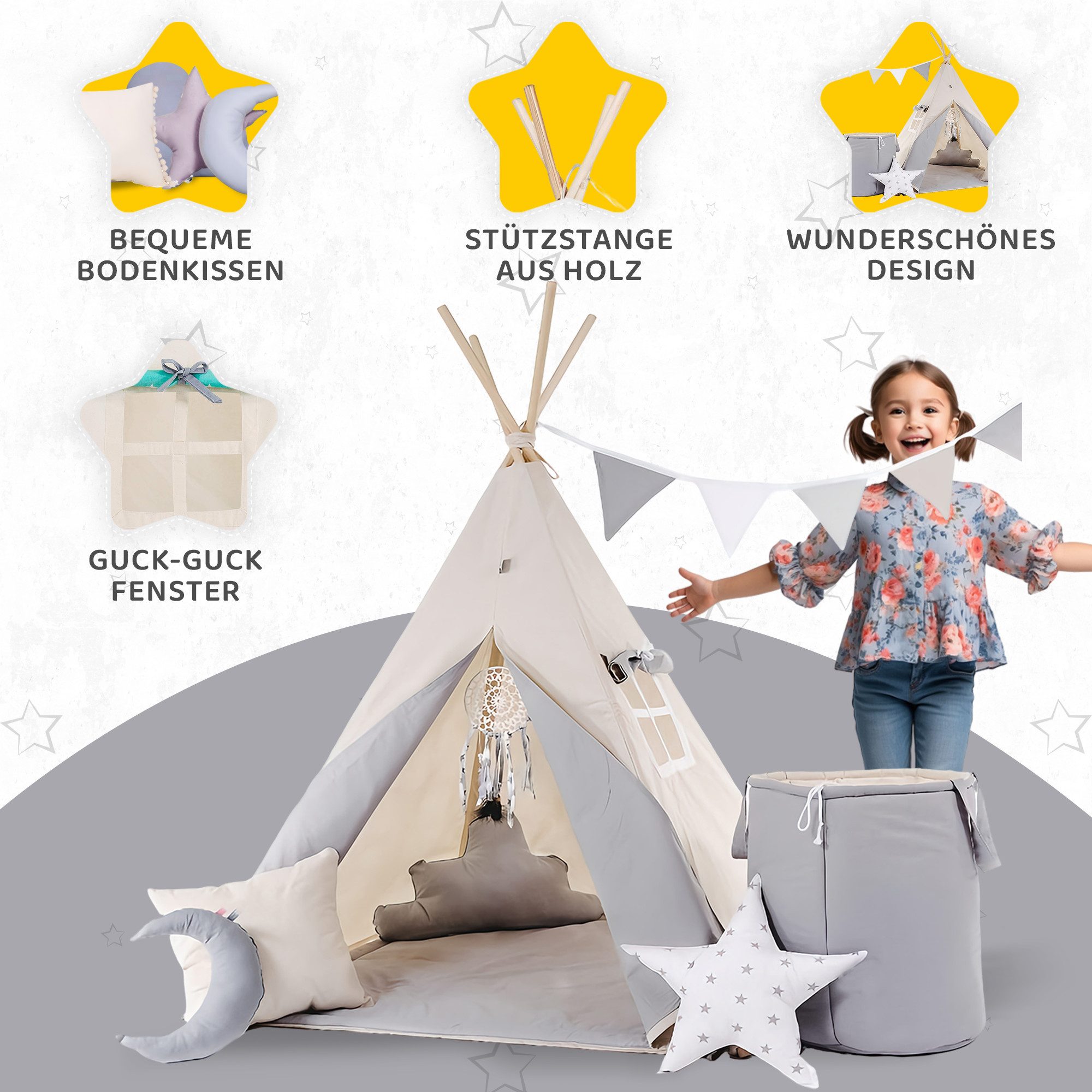 Rainbow Kids Tipi-Zelt Kinderzelt "Grauer Wolf" in Grau mit Zubehör, (8 tlg., mit 4 Kissen, Bodenmatte, Spielzeugkorb und Wimpelkette), Perfektes Spielzelt & Unterschlupf für Kinder, 110 x 110 x 160cm