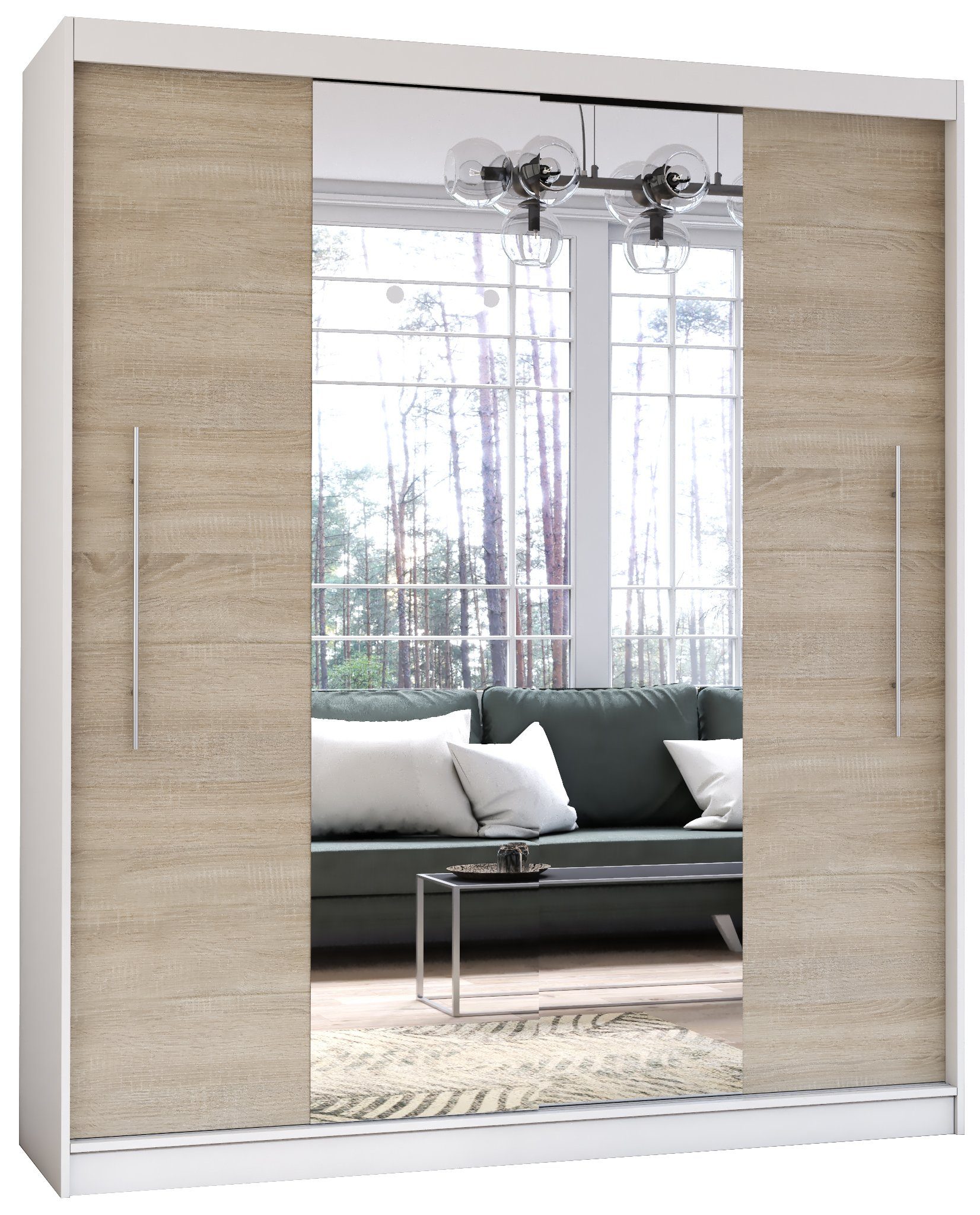 Polini Home Schwebetürenschrank Prime Comfort 204x218x58 cm Spiegel mittig in Weiß-Eiche weiß-eiche | weiß