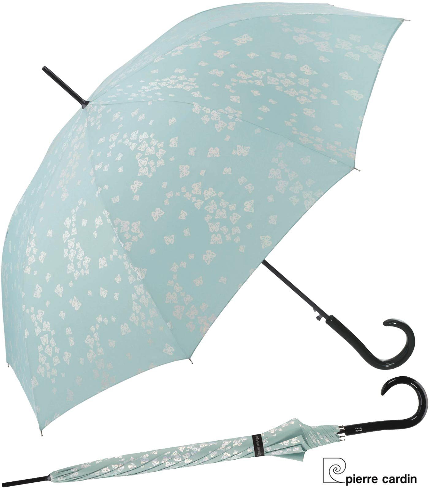 Pierre Cardin Langregenschirm mit Auf-Automatik Schmertterlinge türkis-silber, auffallend und wunderschön