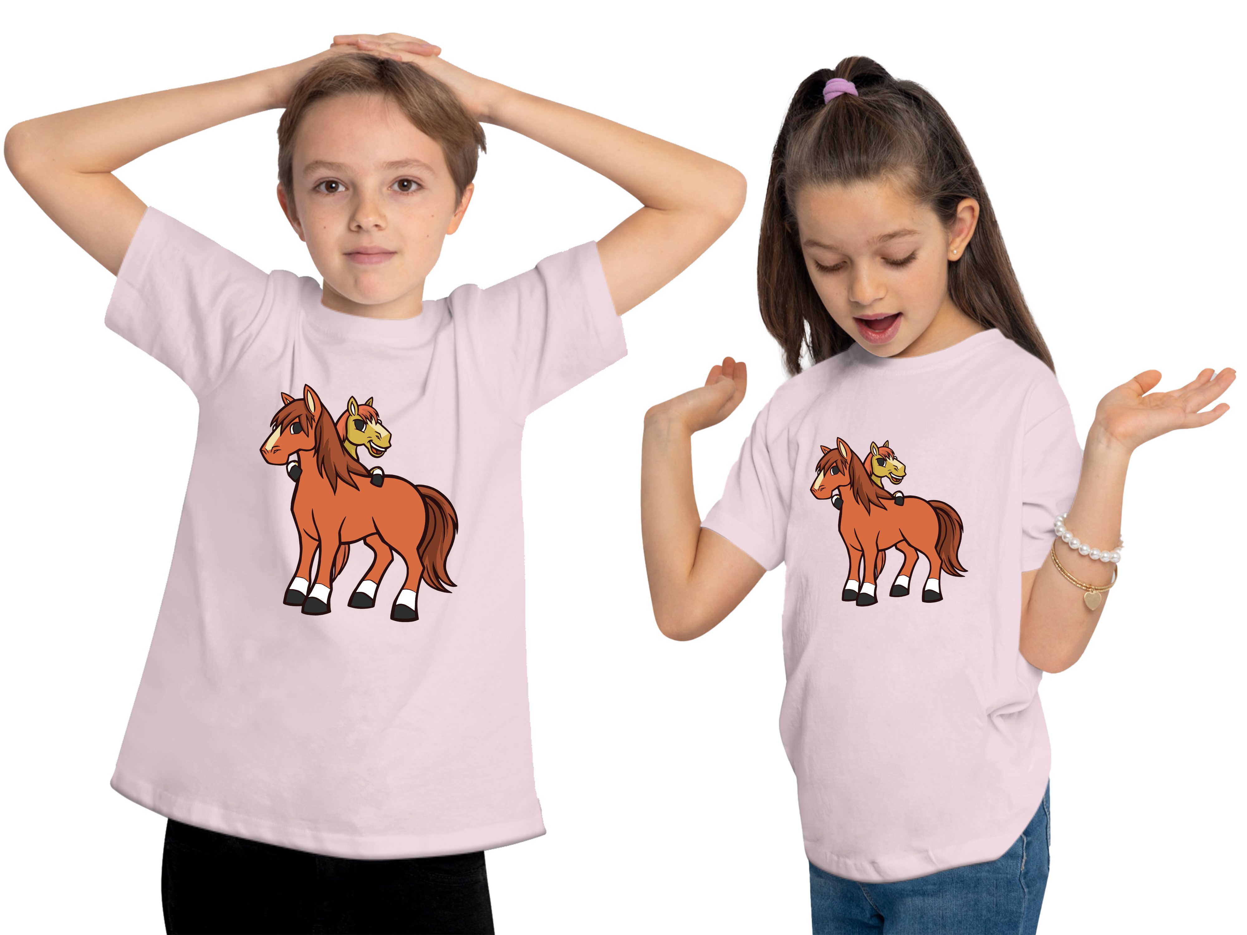 MyDesign24 T-Shirt Kinder rosa Baumwollshirt cartoon Aufdruck, - bedruckt i251 Pferde mit Print Pferde 2 Shirt