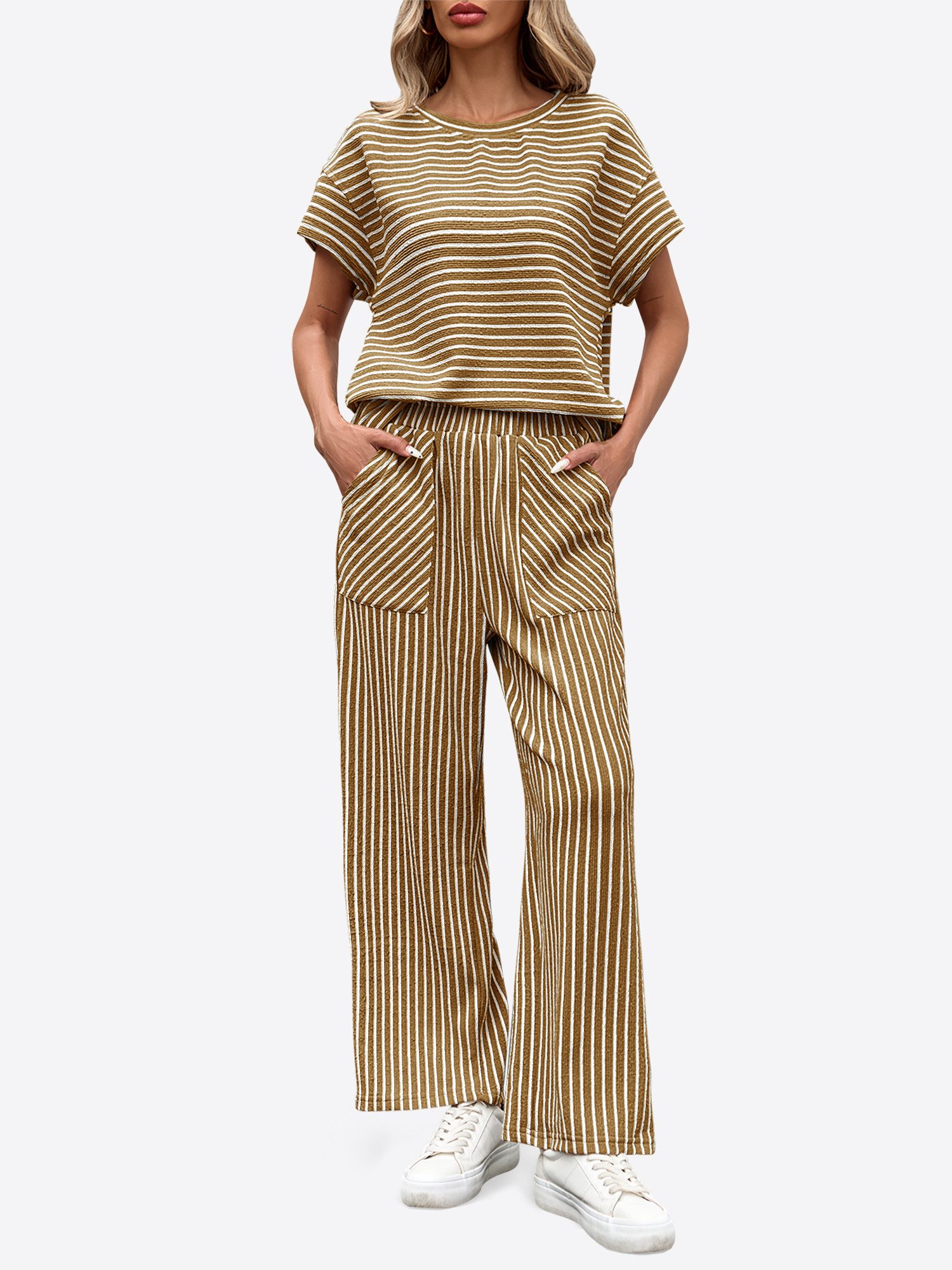 Imily Bela Hausanzug Damen 2-teiliges Set Gestreift Lounge Casual (Set, 2 tlg., 2er-Pack, Kurzarm T-Shirt+Hose mit Eingrifftaschen) Rundhals Fledermausärmel – Bild 4 von 5
