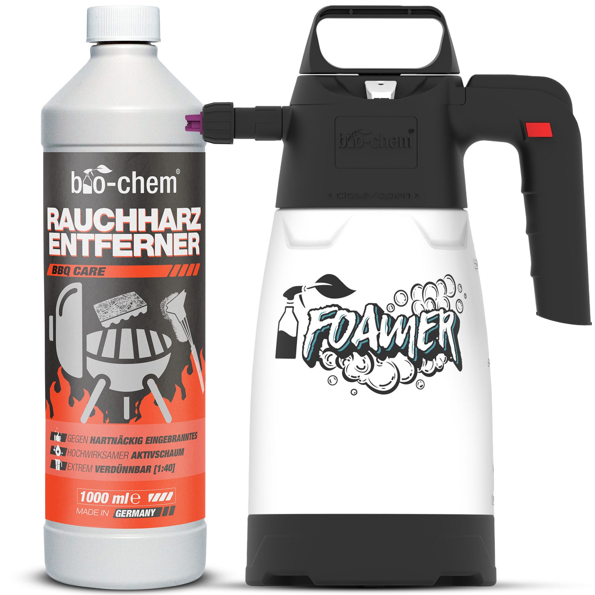 bio-chem Grillreiniger Rauchharzentferner extra stark gegen Eingebranntes 500ML Grillreiniger (Sparpaket, [- Rauchharz-Entferner 1 L + 1.25 l Schaumsprüher Extreme Fettlösekraft für hartnäckigste Ablagerungen)