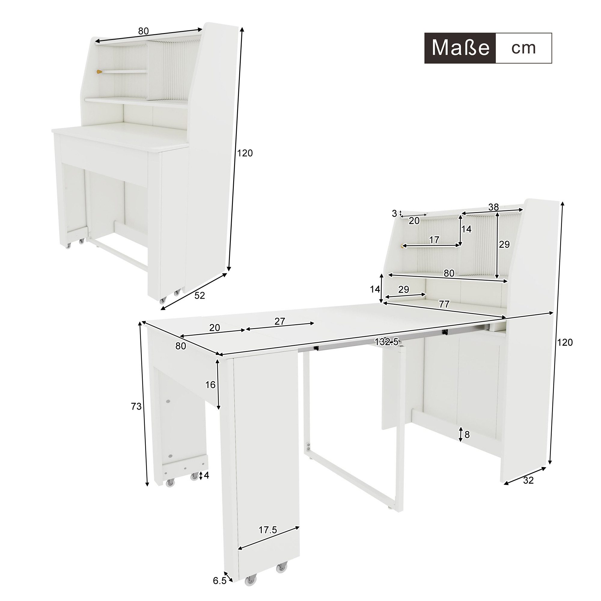 Flieks Esstisch (4 einstellbare Längen, 1-St), ausziehbar 52-132,5 cm Küchentisch mit Stauschrank Sideboard, weiß