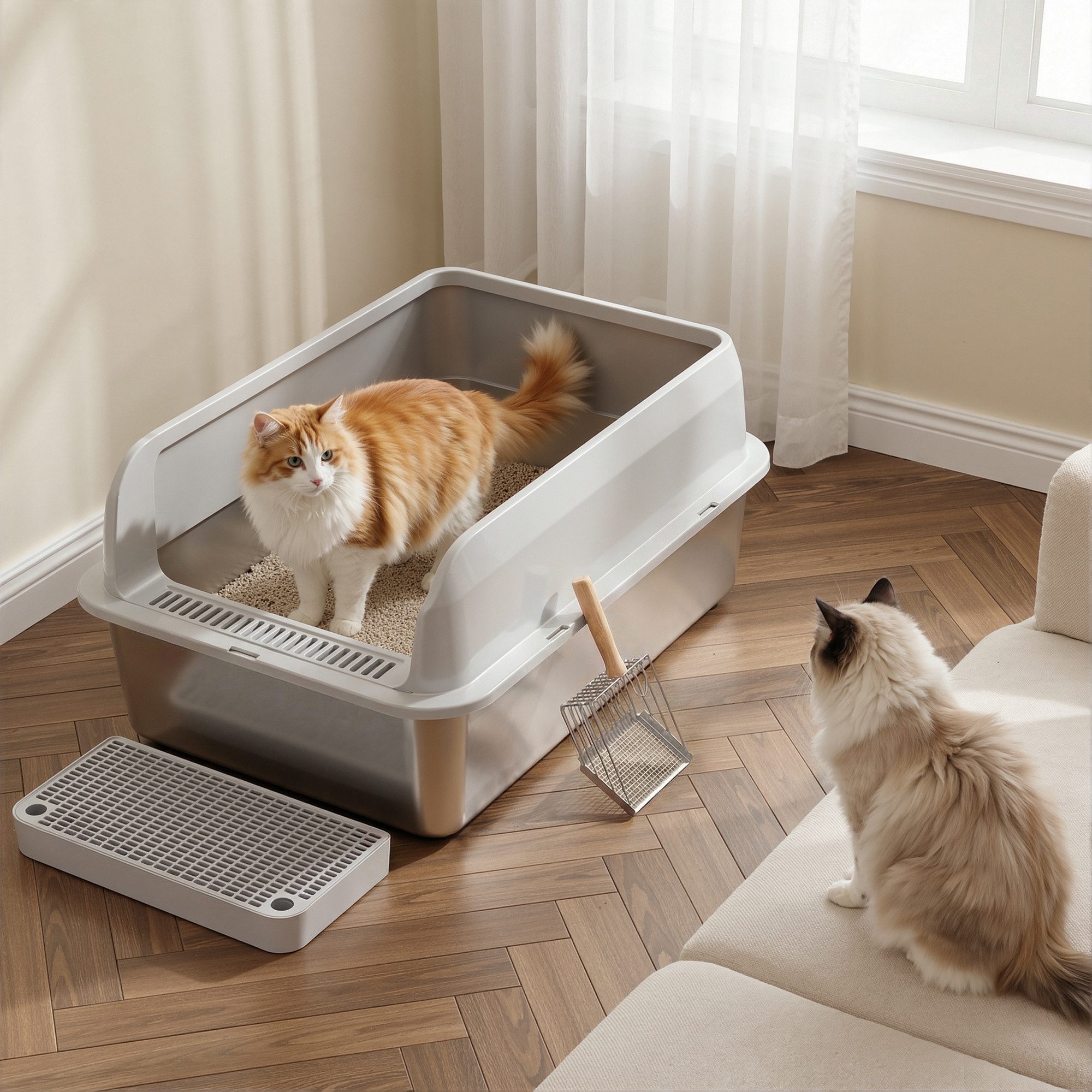 Klyvvo Katzentoilette Edelstahl, Katzentoilette Groß XL mit Metall Schaufel, 50L Katzenklo mit Abnehmbares Hoher Rand