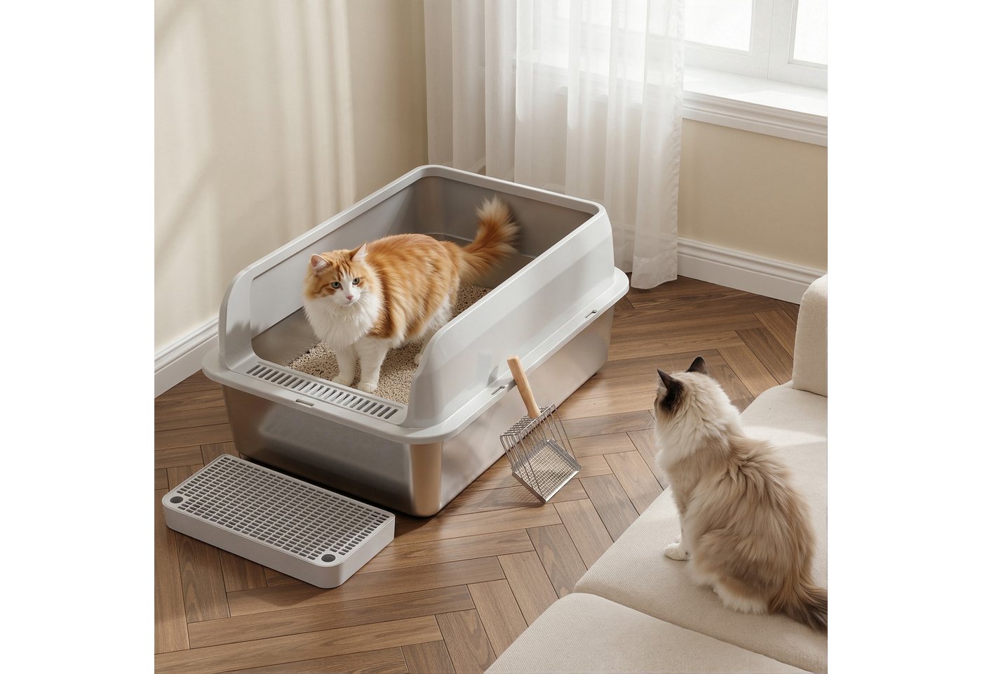 Klyvvo Katzentoilette Edelstahl, Katzentoilette Groß XL mit Metall Schaufel, 40L Katzenklo mit Abnehmbares Hoher Rand