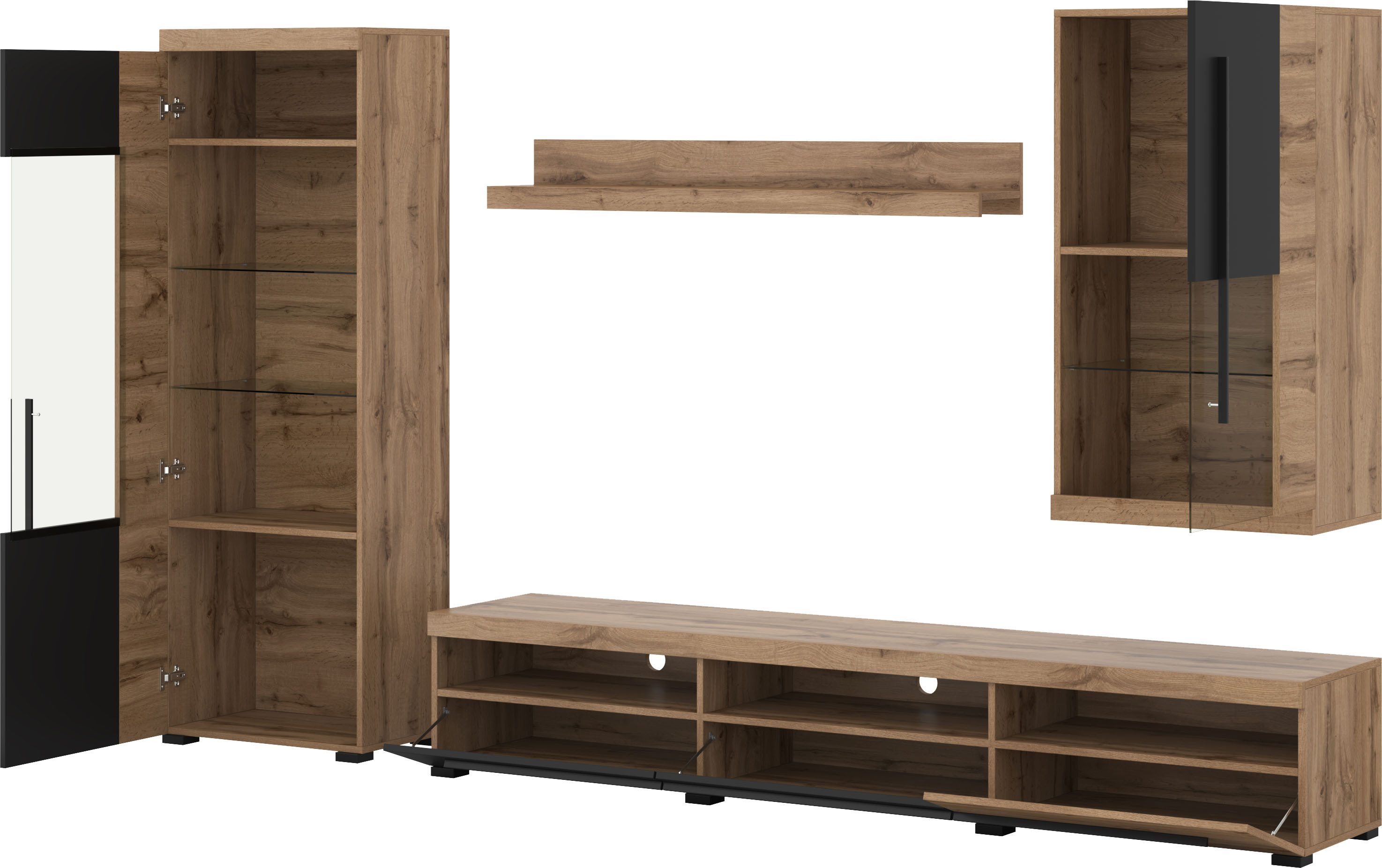 OTTO home Wohnwand Roger,Breite 255 cm moderne Mediawand ohne Beleuchtung, (Set, 4-St), Anbuwand (Set,4-St) viel Stauraum, Glastüren