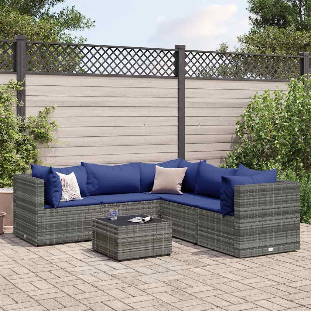 vidaXL Gartenlounge-Set 6-tlg. Garten-Lounge-Set mit Kissen Grau Poly Rattan, (1-tlg)