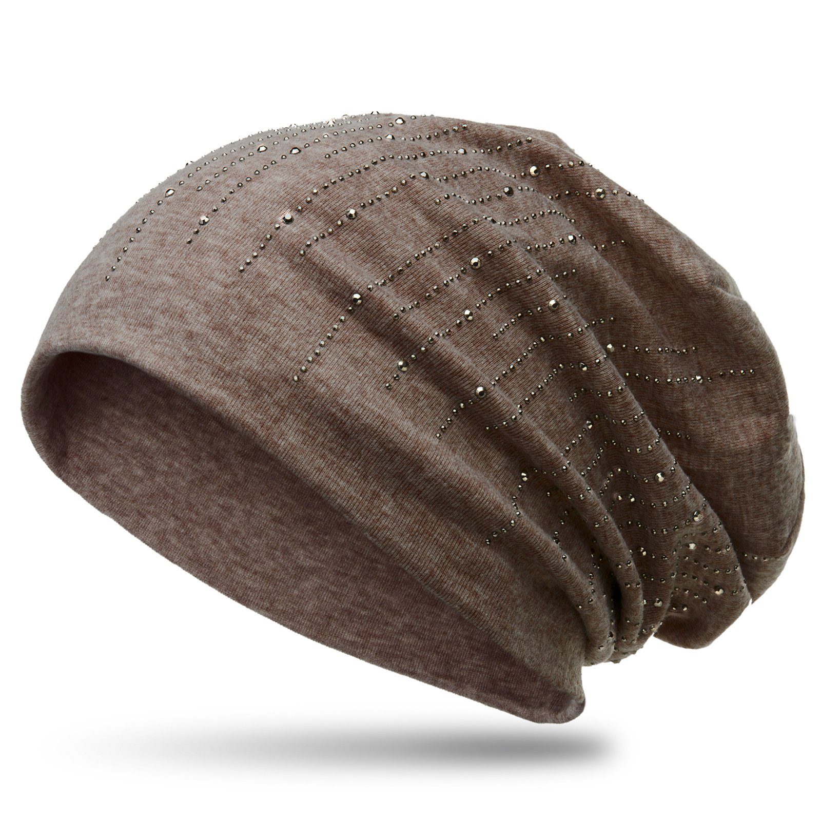 braun Beanie und Mütze Streifen Flanell Beanie Stoff mit Strass MU142 warmem Caspar stylischen