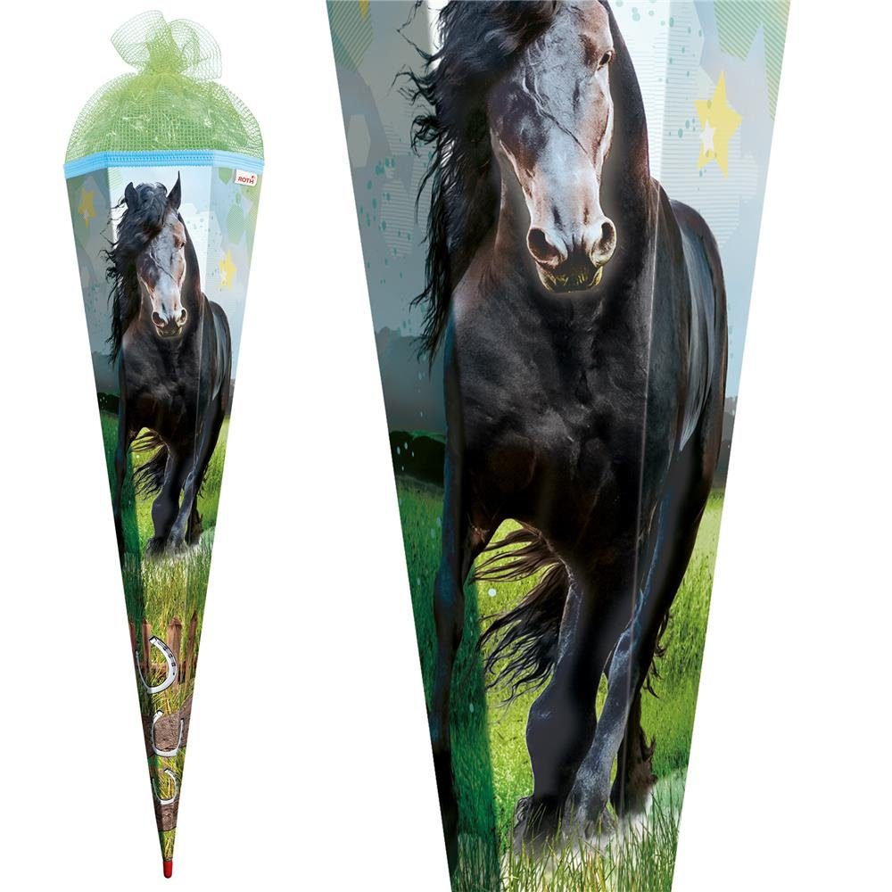 Roth Schultüte Power Horse / Pferd, 85 cm, eckig, mit grünem Netzverschluss, Zuckertüte für Schulanfang