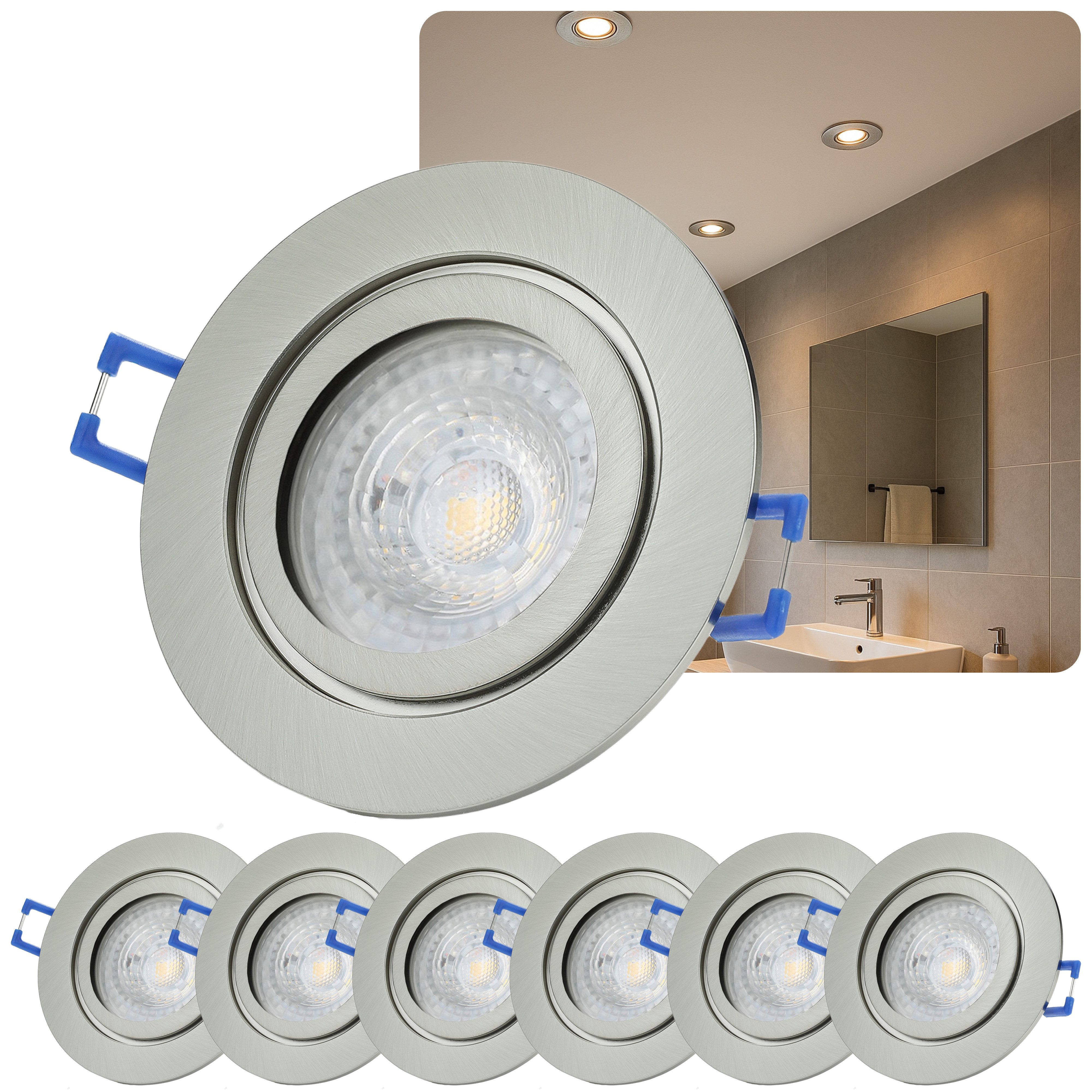 Sweet LED LED Einbaustrahler 6er Set IP44 Feuchtraum Deckenspots chrom-gebürstet mit GU10 7W, Leuchtmittel tauschbar, 3000K, warmweiß, Deckenstrahler, Einbauleuchten, Deckenlampen