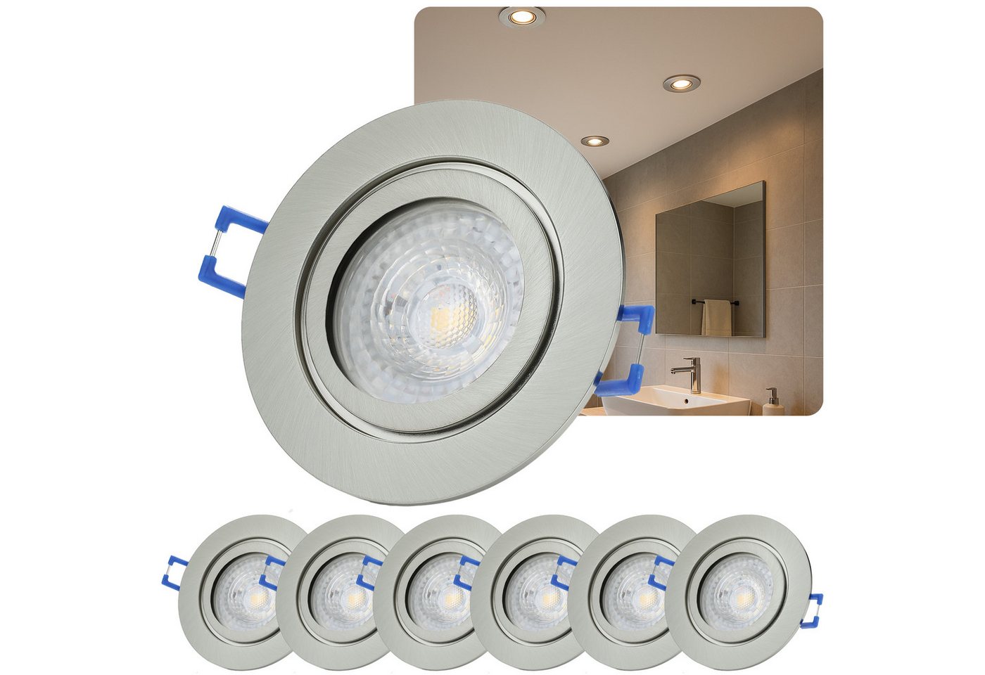 Sweet LED LED Einbaustrahler 6er Set IP44 Feuchtraum Deckenspots chrom-gebürstet mit GU10 7W, Leuchtmittel tauschbar, 3000K, warmweiß, Deckenstrahler, Einbauleuchten, Deckenlampen