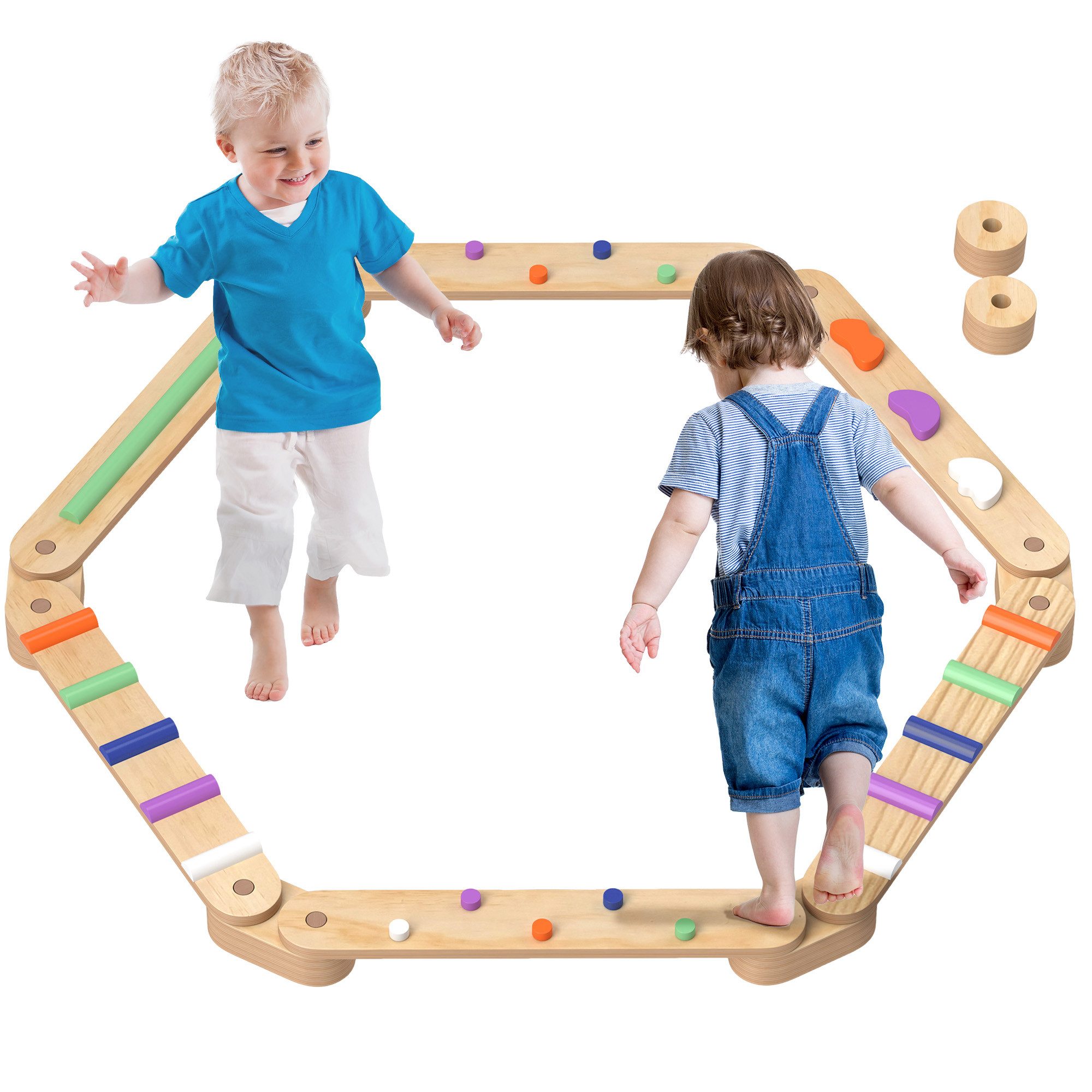 AIYAPLAY Balanceboard Holz Schwebebalken mit Bunte Hindernissteine, für Koordination und Stabilität, für 3-8 Jahre Kinder