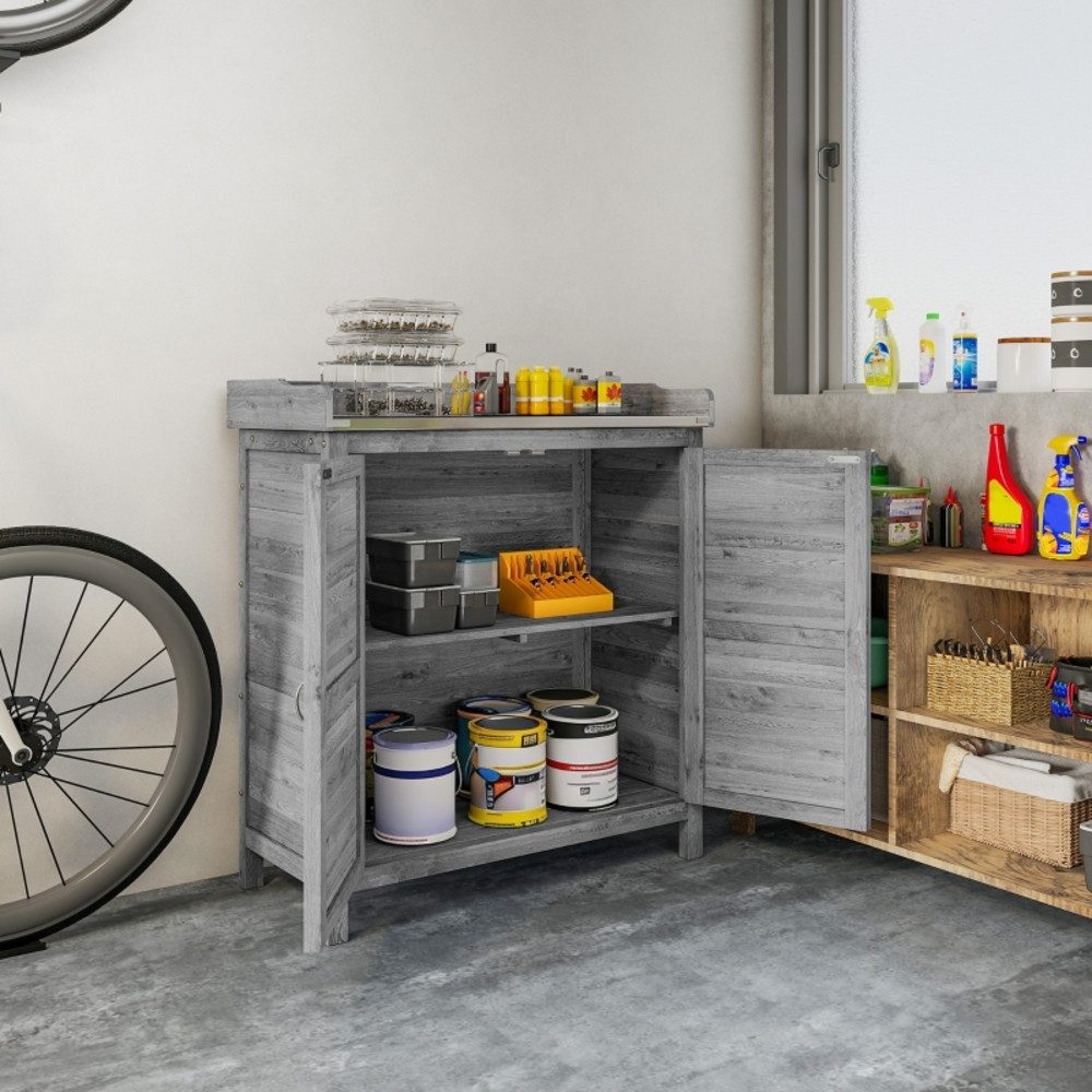 CHICFURN Geräteschrank 83x40x92 cm aus Holz mit Pflanztisch & Unterschrank (Packung, 1-St., Geräteschrank mit 2 Einlegeböden in Natur) Praktischer Geräteschuppen für Gartenutensilien