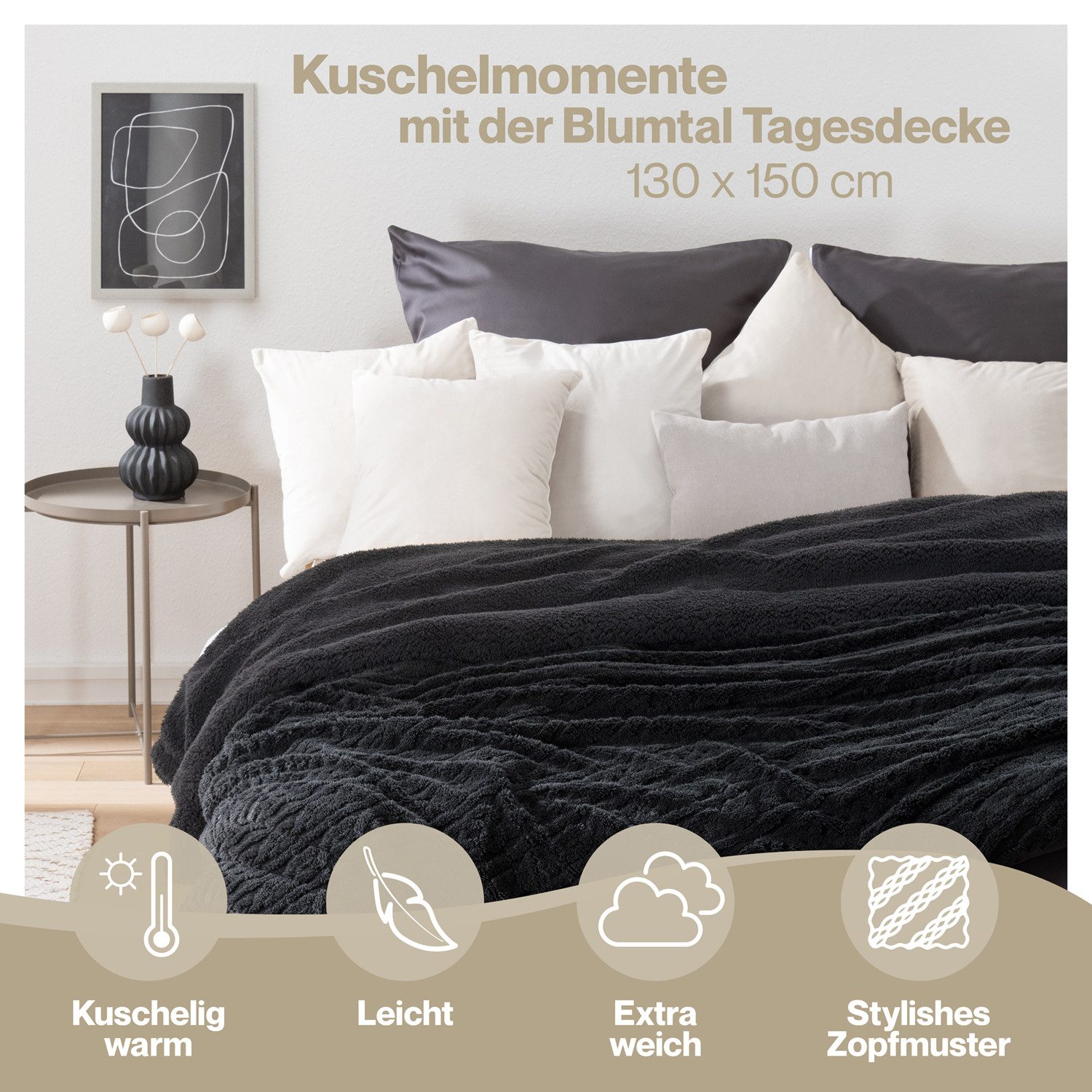 Wohndecke Oeko-TEX zertifizierte waschbare Wohn- & Kuscheldecke, Blumtal, mit weicher Sherpa-Innenseite