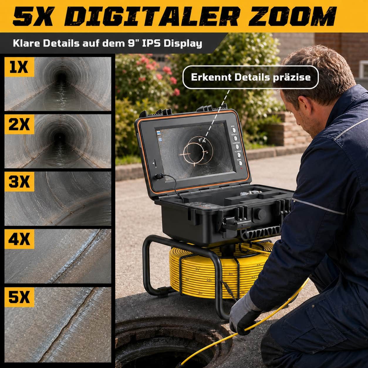 ANYSUN L09D1 Rohrkamera 30M mit Sender, Selbstnivellierung und Meterzähler Inspektionskamera (Kanalkamera mit 23mm Wasserdichter, 9" IPS Bildschirm, 1080P DVR, 5mm Kabel, 5100mAh Akku)