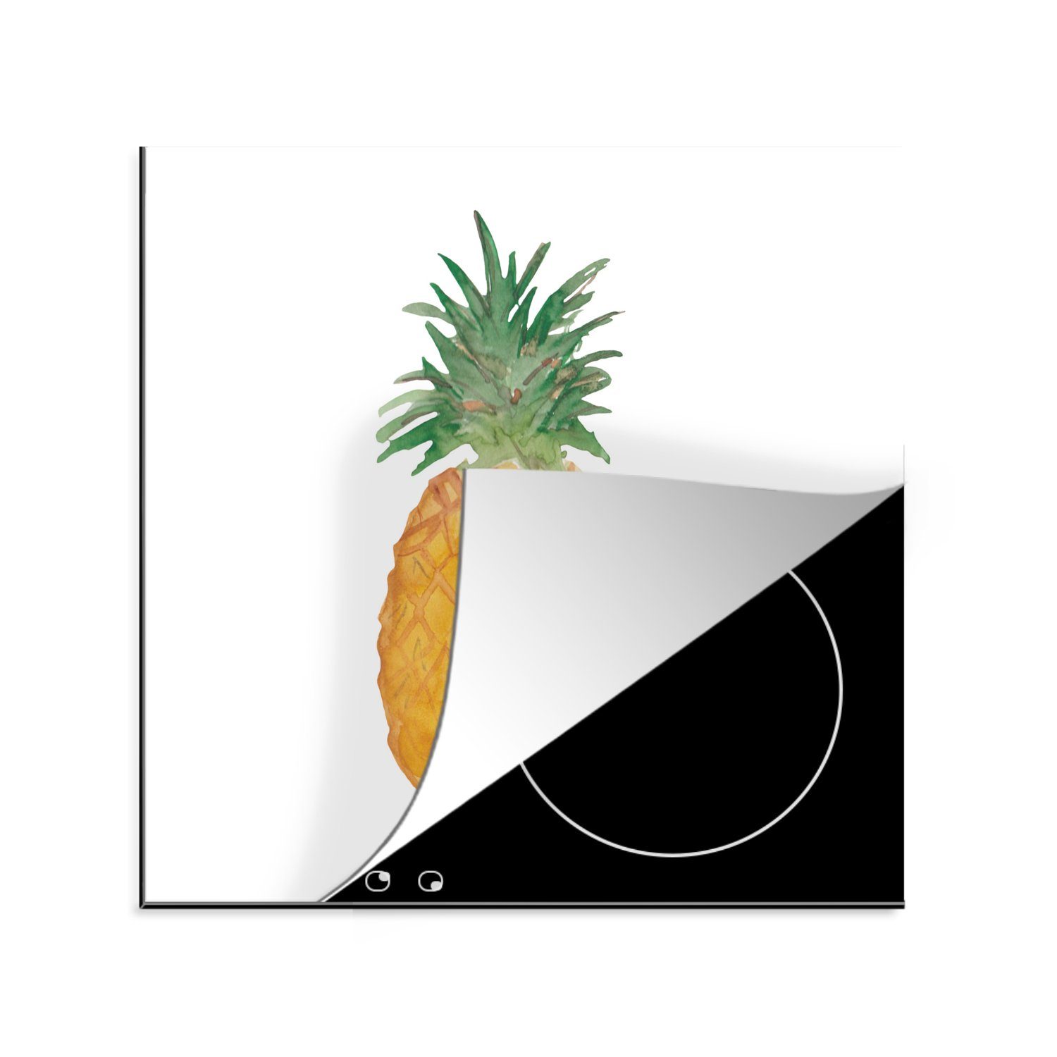 MuchoWow Herdblende-/Abdeckplatte Ananas - Aquarellfarbe - Weiß, Vinyl, (1 tlg), 78x78 cm, Ceranfeldabdeckung, Arbeitsplatte für küche