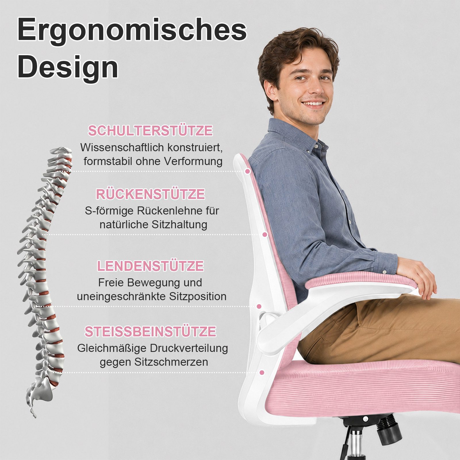 Durrafy Bürostuhl Ergonomischer Bürostuhl,Schreibtischstuhl mit klappbaren Armlehnen, Chefsessel mit 150 kg Tragfähigkeit – Bild 2 von 5