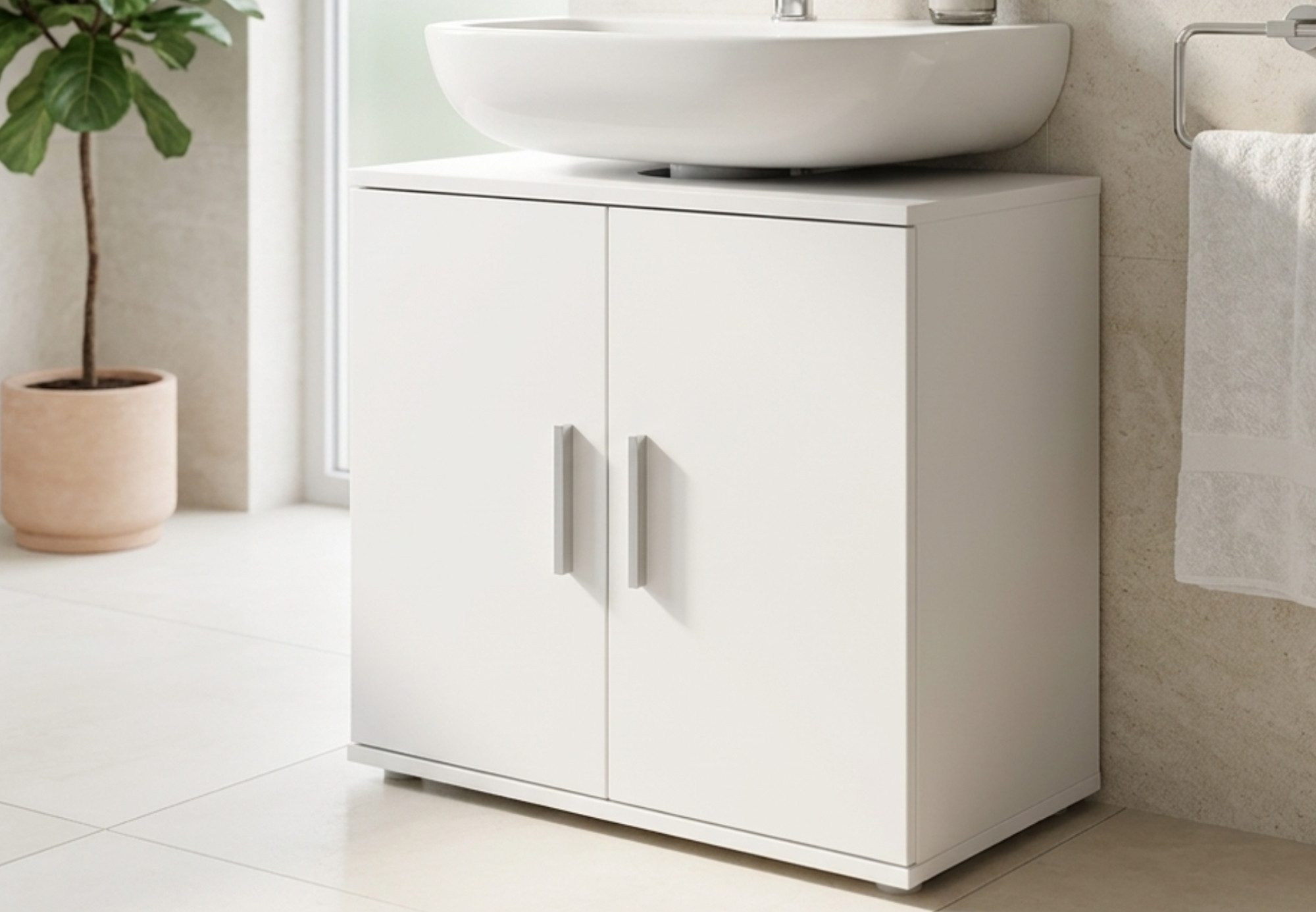 Home Collective Waschbeckenunterschrank Badezimmerschrank Badschrank Badmöbel mit 2 Türen, Made in Germany Badunterschrank mit herausnehmbarem Einlegeboden Weiß 70x60x34 cm