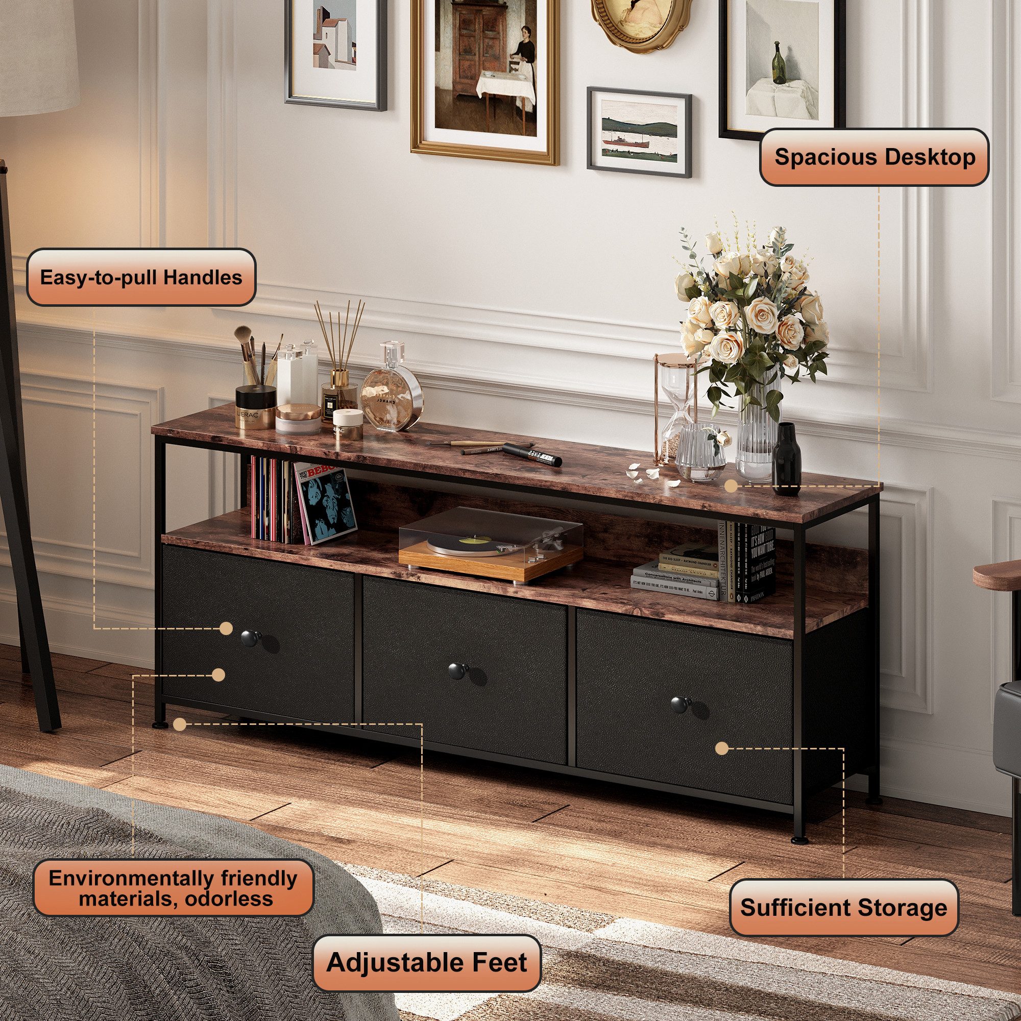 Simurq TV-Schrank Fernsehschrank mit LED-Beleuchtung (1-St., Mit Stoffschublade,Verstellbare LED) Metallrahmen, Robust,Montage einfach – Bild 4 von 5