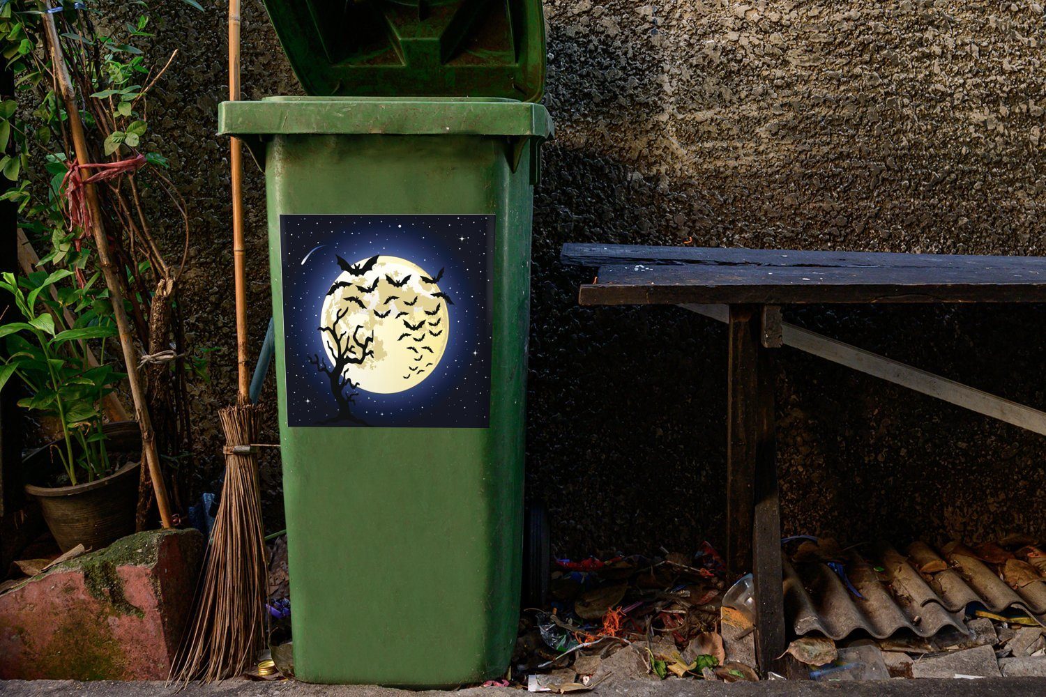 MuchoWow Wandsticker Illustration einem Fledermäusen Vollmond Container, St), von Mülltonne, (1 Mülleimer-aufkleber, Sticker, vor Abfalbehälter