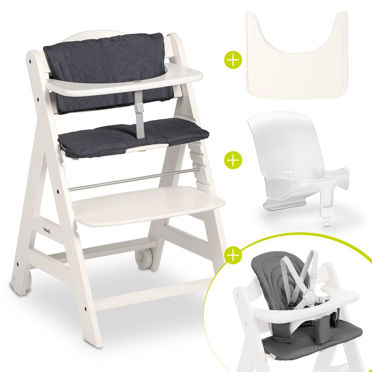 Hauck Hochstuhl Beta Plus White, Kinderhochstuhl mit Essbrett, Sitzauflage, Baby-Sitz, Sitzpad & Rollen