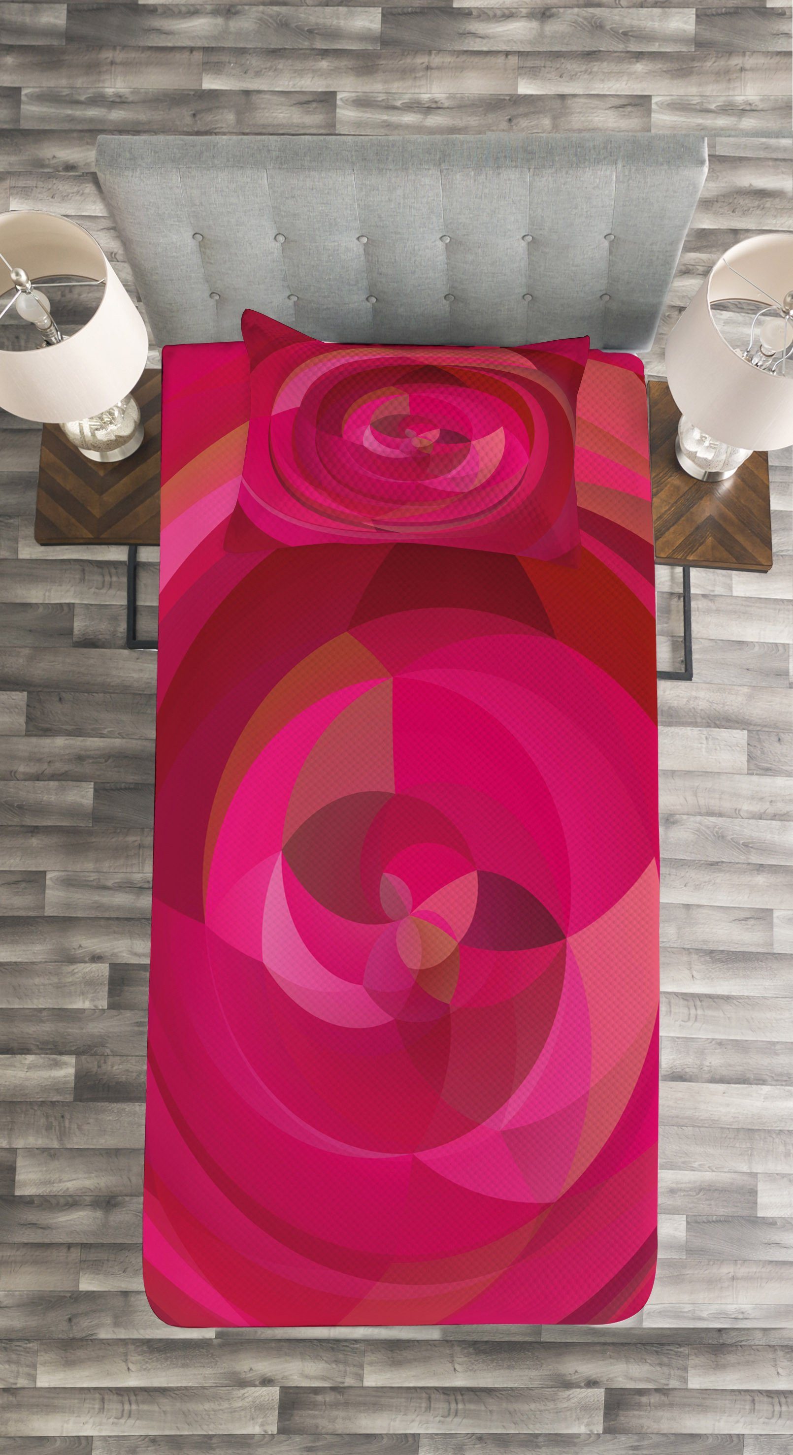 Pink Tagesdecke Shapes Zusammenfassung Hot mit Set Kissenbezügen wirbelt Waschbar, Abakuhaus,