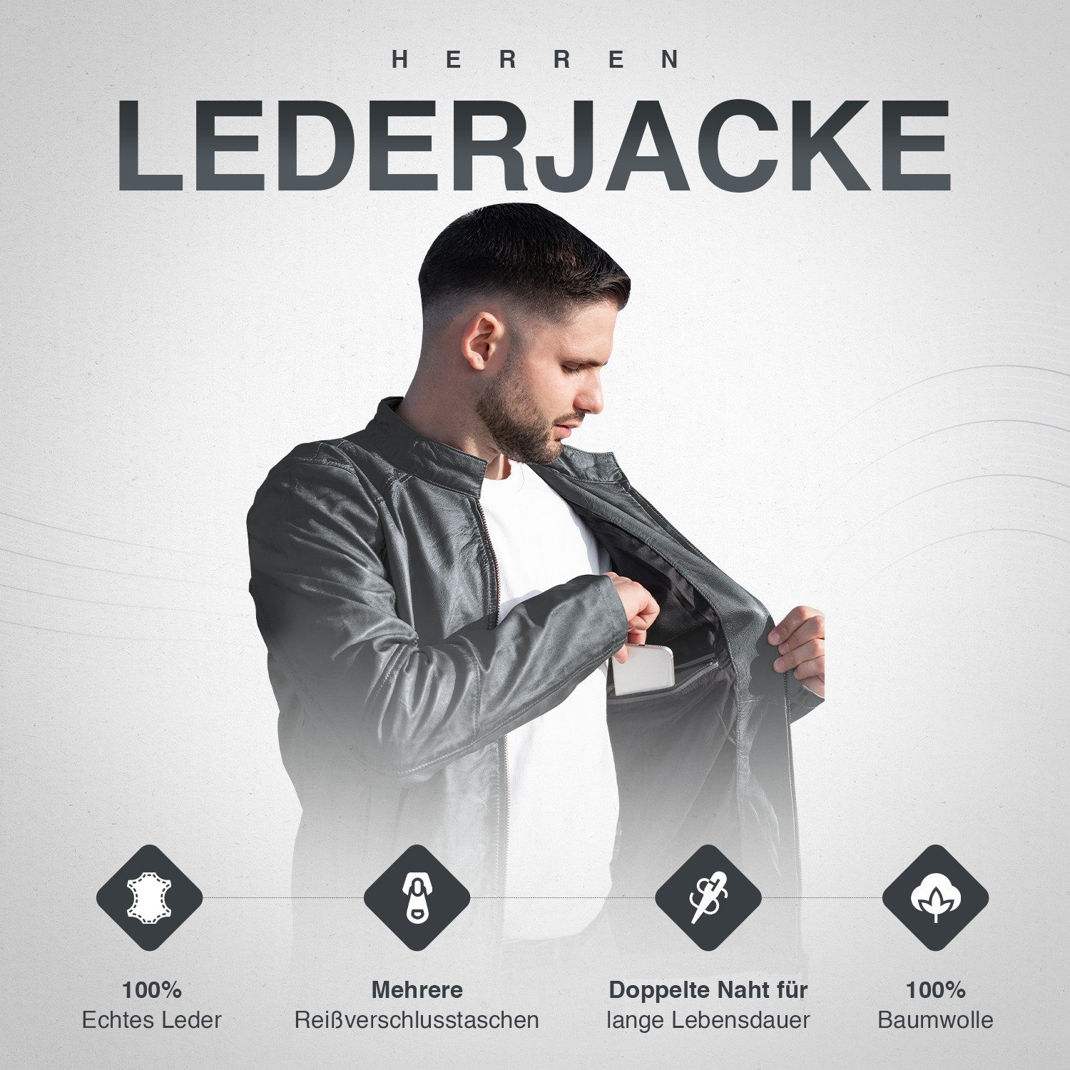 PAULGOS Lederjacke Herren Jacke Übergangsjacke Biker Look 100% Echtleder D3 – Bild 5 von 5