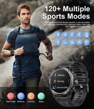 FoxBox Smartwatch (1,52 Zoll, Android iOS), Smartwatch herren militär telefonfunktion kompass immer eingeschaltet