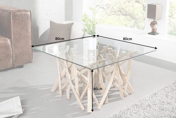 riess-ambiente Couchtisch DRIFTWOOD 80cm natur / transparent, Wohnzimmer · Massivholz· Glasplatte · eckig · Handarbeit