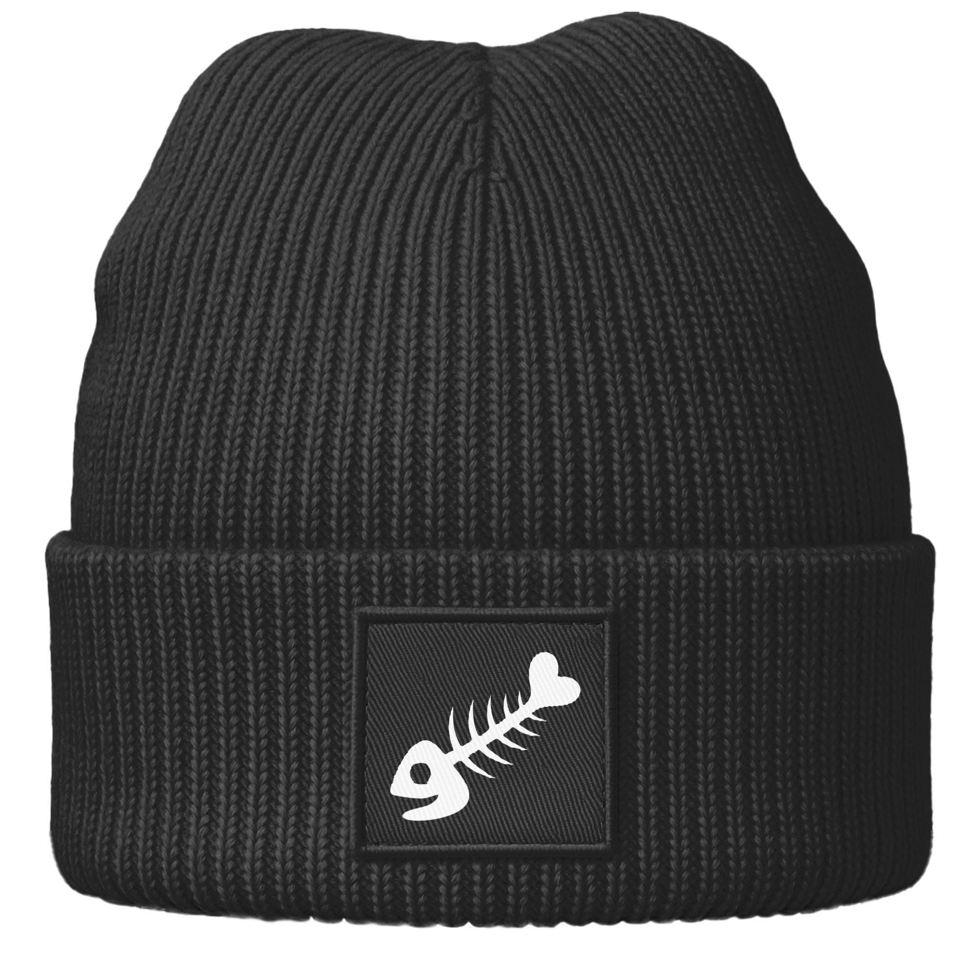 Strickmütze Herren Beanie mit Grafik Print Patch Bedruckt mit Fischgräte Maritim