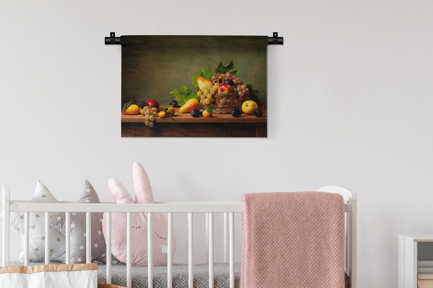 Korb - Obst - Stilleben, Wanddeko Wanddekoobjekt Wohnzimmer, Wandbehang, Schlafzimmer, für Kleid, - MuchoWow Rustikal Kinderzimmer