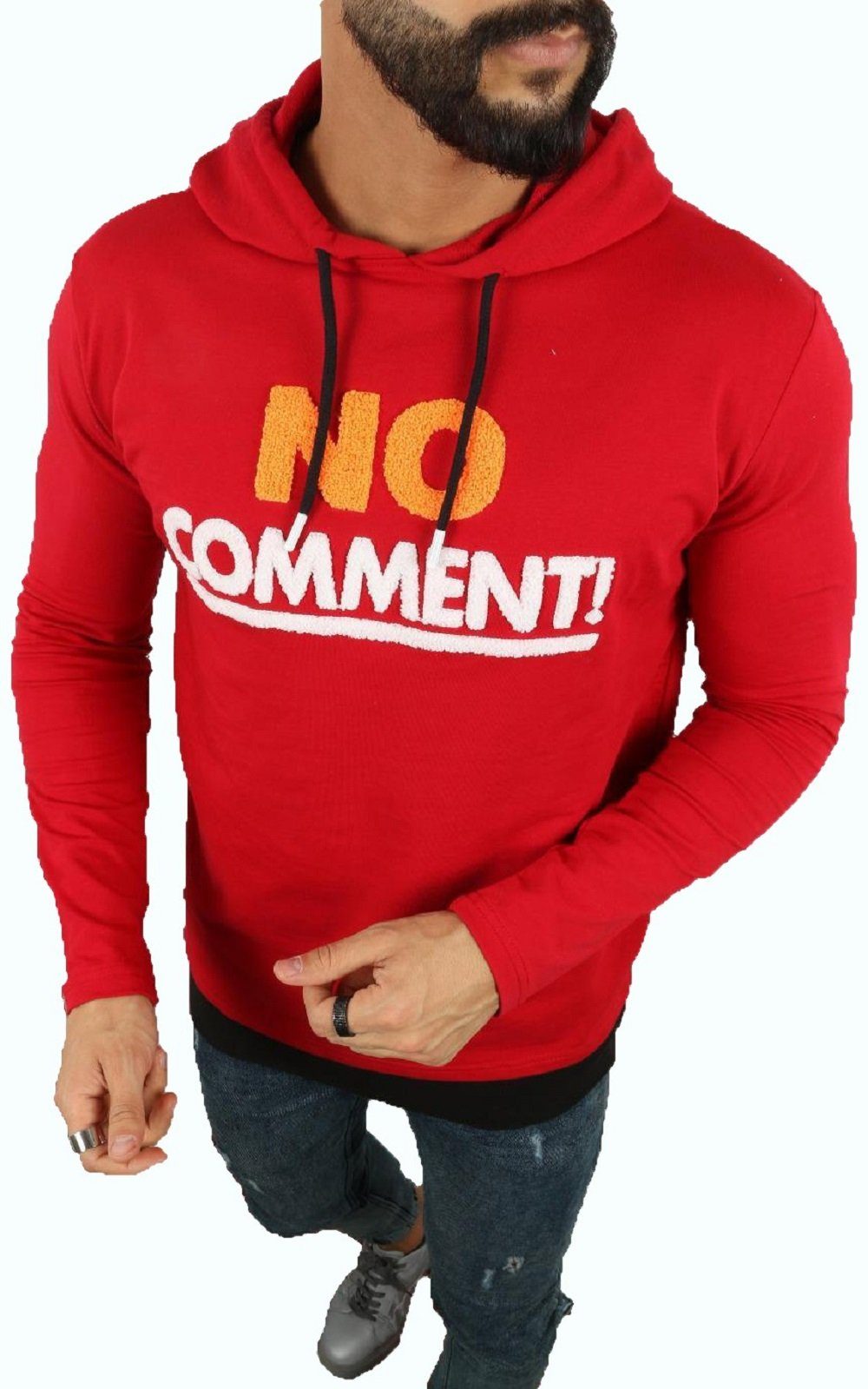 Megaman Jeans Kapuzenpullover Herren Pullover Kapuzenpullover "No Comment" Premium Hoodie Baumwolle Rot