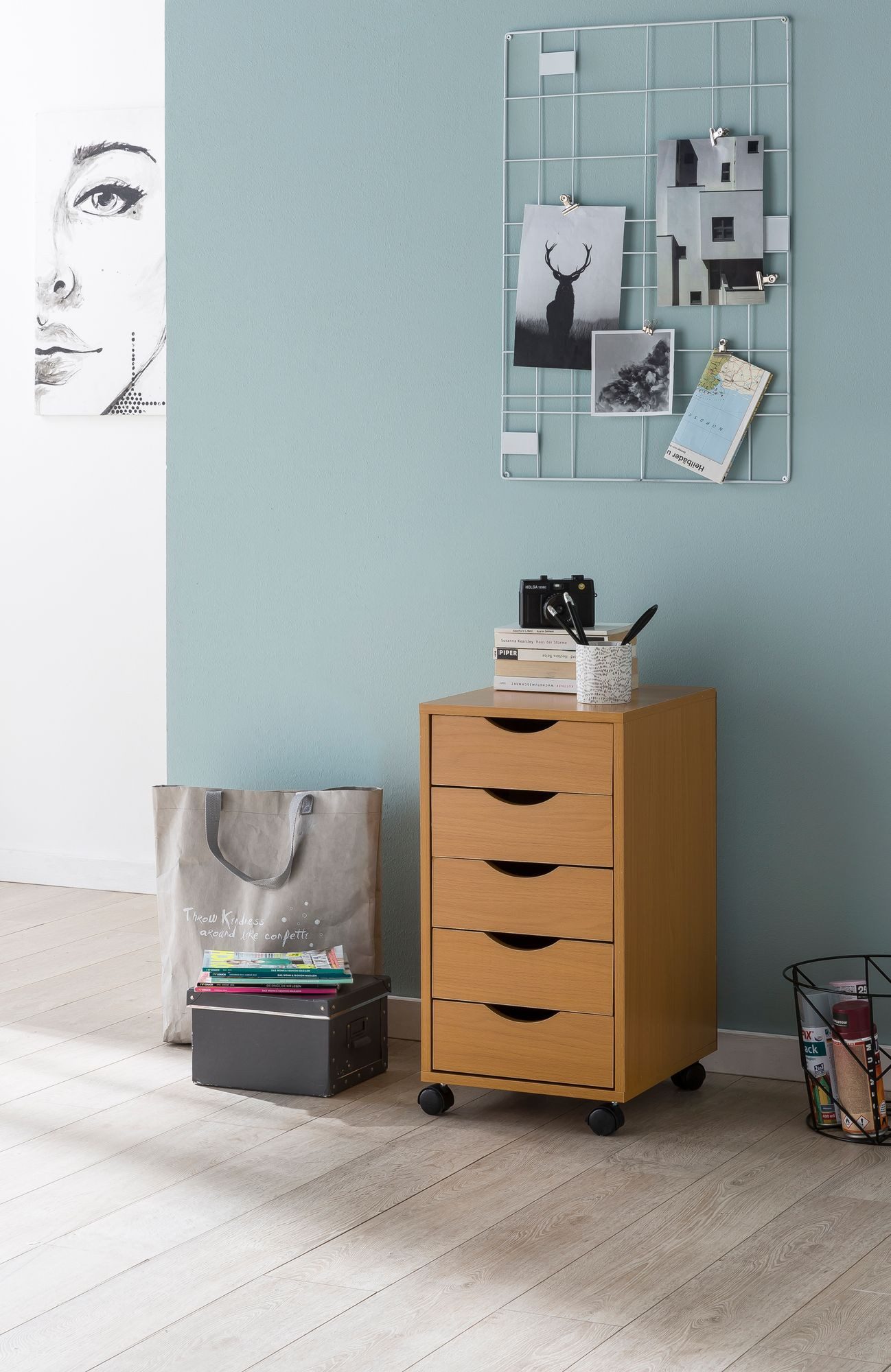 Wohnling Rollcontainer WL5.924Buche MDF Schreibtisch-Container Büro-Rollschrank WL5.924, (Bürocontainer Buche 33x64x38, Schubladenschrank), Schreibtischcontainer mit Rollen und Schubladen